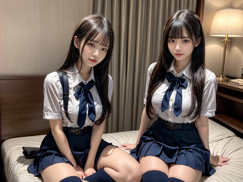muster piece, best quality, illustration, Super detailed, fine details, High resolution, 8K,wall paper, perfect dynamic composition,(Details High quality, realistic depiction of eyes:1.3), ((2 girls, 2 schoolgirls)), The background is a luxury hotel room、High school girl uniform、blazer 、Super Short Check Uniform Skirt、Navy blue high socks、garterbelts、Colossal tits、Disturbed uniform, Play with each other,Touching each other's bodies,Touching the body of the girl next door, short bob hair, black hair color, huge breasts, Big Natural Color Lip, bold sexy pose, (perfect body shape), crying a little、cold gaze,  Harajuku style、Beautiful makeup,glitter makeup,Cutest 18 years old, beautiful legs, hposing Gravure Idol, Voluptuous thighs