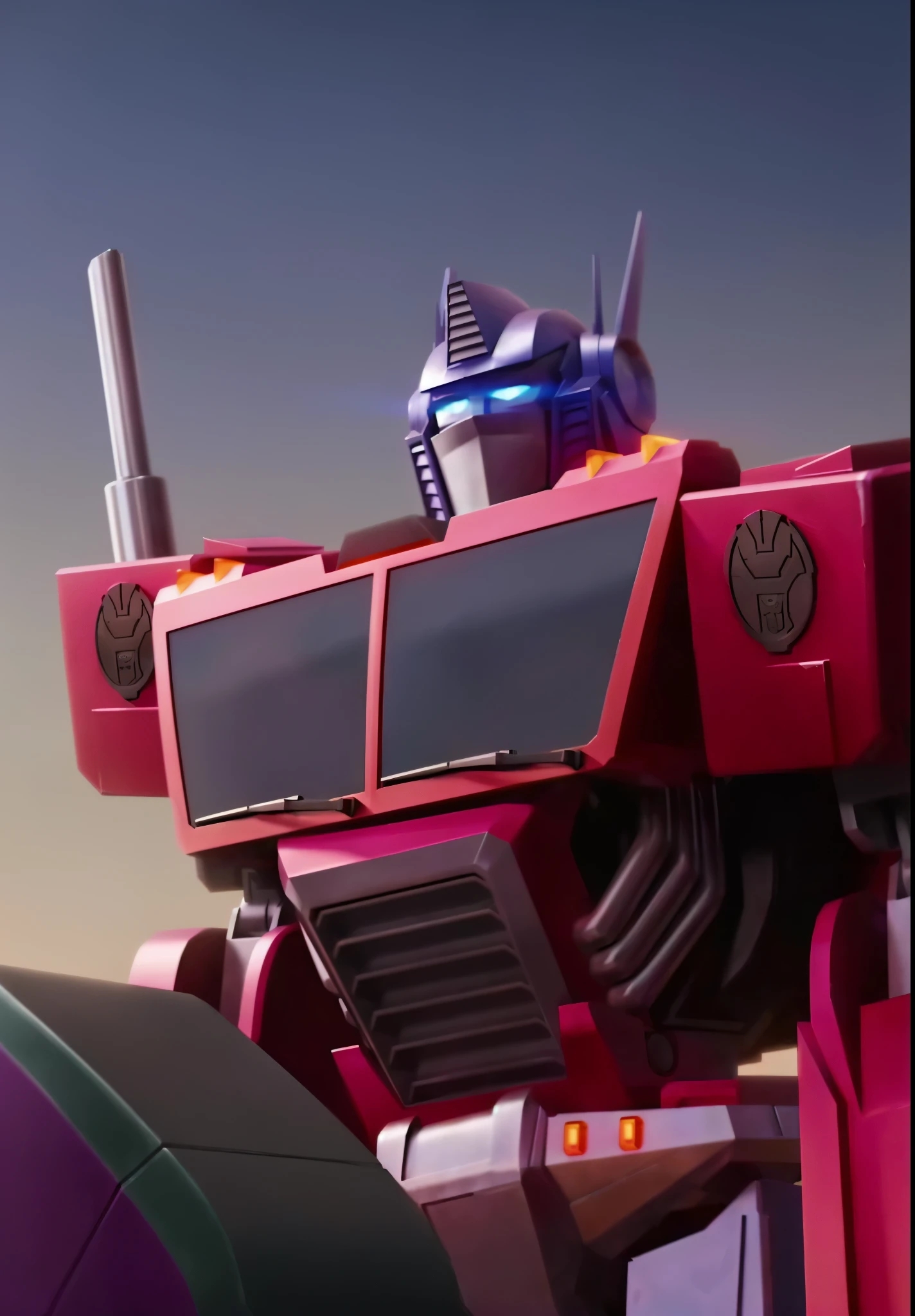 a close up of a pink and purple robot with a sky background, from transformers, optimus prime, transformers g1, cybertronian, in the movie transformers, transformers, transformers tech, cybertron, transformers toys, transformers war for cybertron, transformer, cinematic close shot, cliffjumper, goku fused with optimus prime, optimus sun orientation, transformers toy, transformers generation one