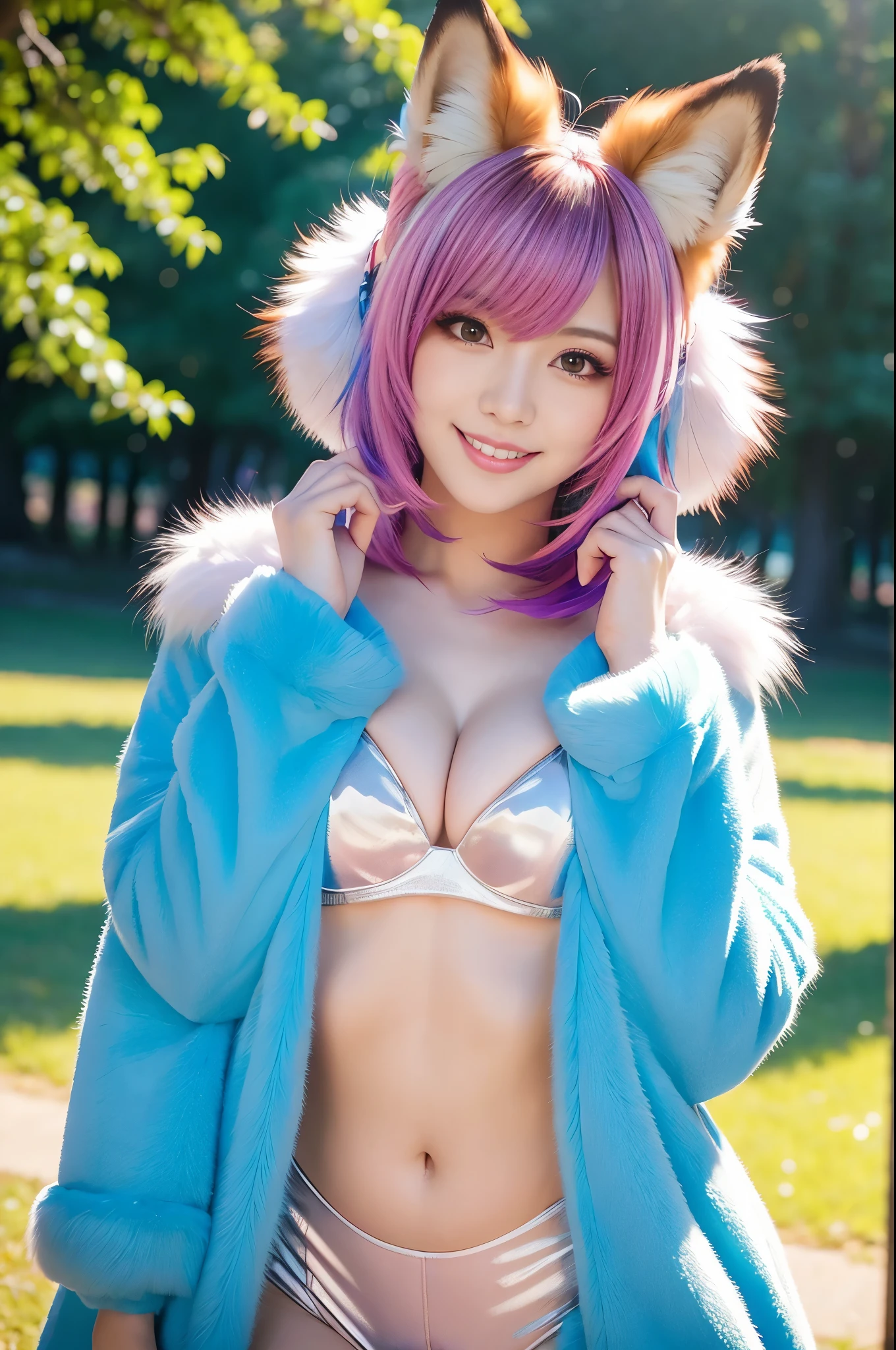 ultra sexy female, (-anime), only 1 female, very short hair, beautiful smile, lipgloss, long lashes, defined eyebrows, fluffy fur fox cosplay, fluffy fur vivid colors outfit, fox cosplay accessoires, fox ears, vivid colors, look at the camera, cinematic light, large park background with trees, sweet and sexy pose