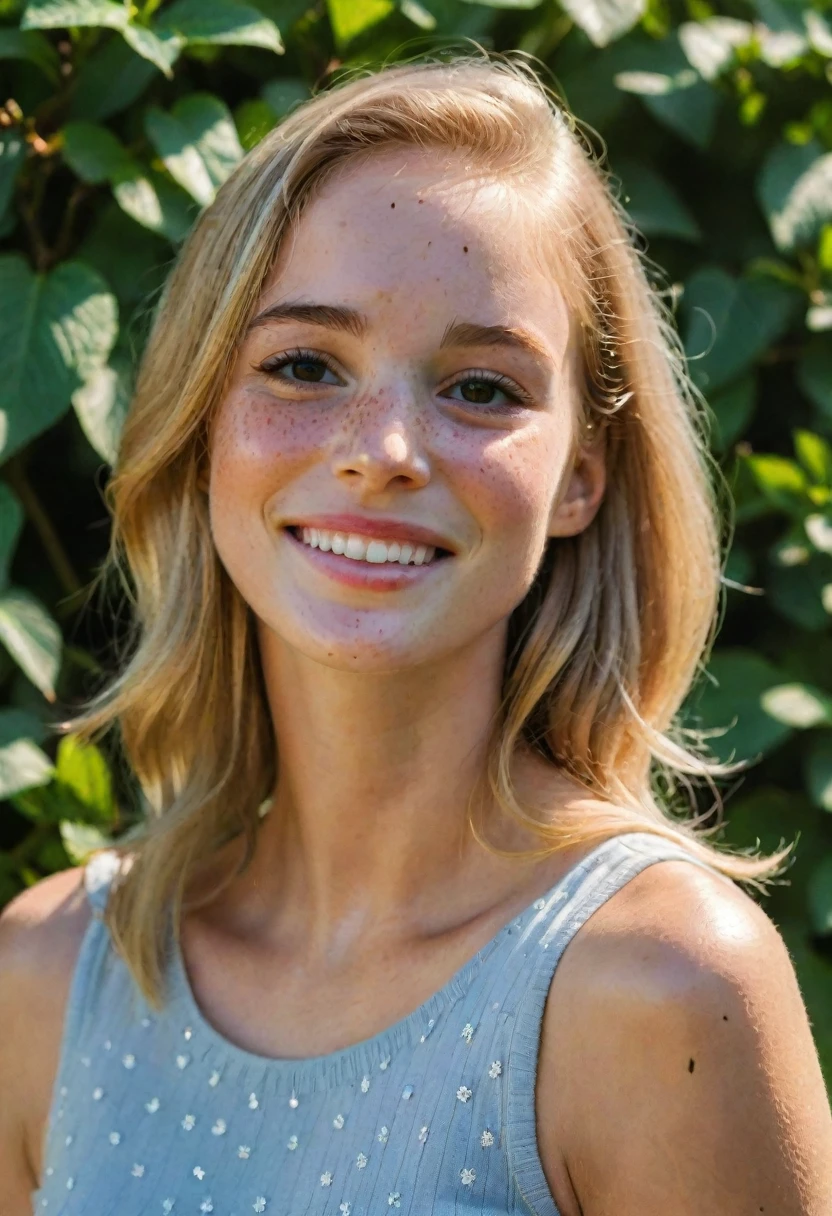 (best quality,4k,highres,masterpiece:1.2),ultra-detailed,realistic:1.37,blonde hair,happy,cheerful,bright and sparkling eyes,realistic skin,detailed shading,a few freckles on the face,beautiful smile,feminine,green garden background,natural lighting,vibrant colors