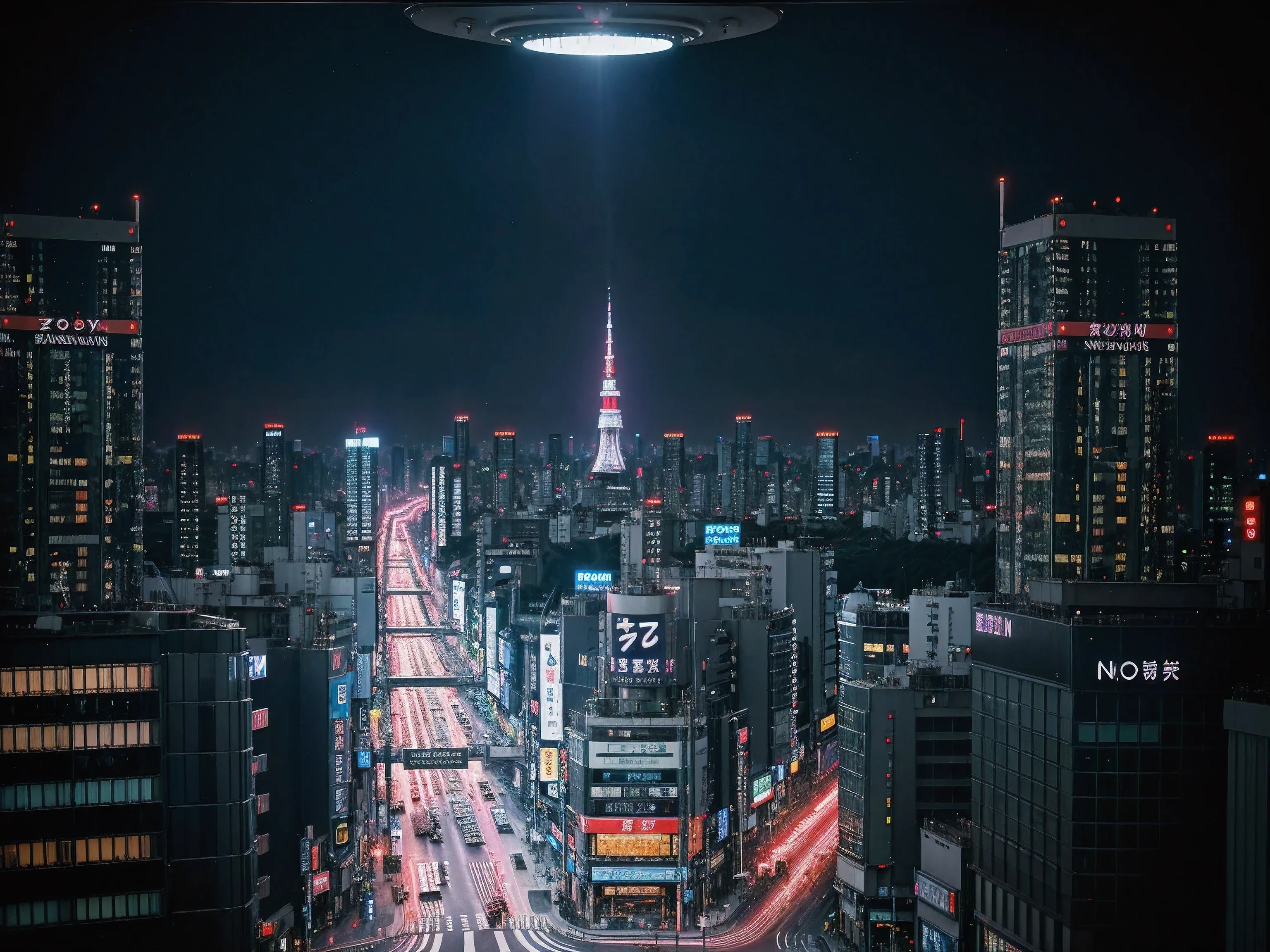 imagine Tokyo in 2075, (zoom out:1.2), high rise building, Shibuya, Shibuya crossing road, (night:1.2), (night view:1.2), UFO in sky, neon sign