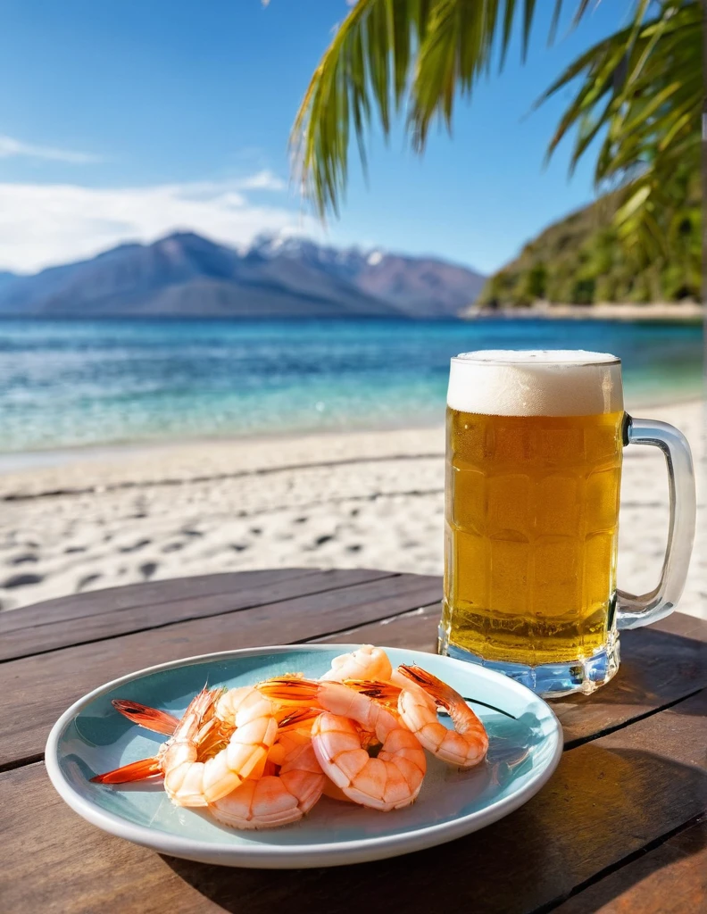 "RAW portrait of a deserted beach with crystal clear waters and very light sand. Sunlit scene with surrounding mountains. In the foreground, a few palm trees. Focus on a wooden table with a bottle of beer and a mug of frothy beer, alongside a plate of shrimp. The background includes blurred beach scenery with mountains and palm trees, creating a depth of field effect. Ultra-realistic and highly detailed."