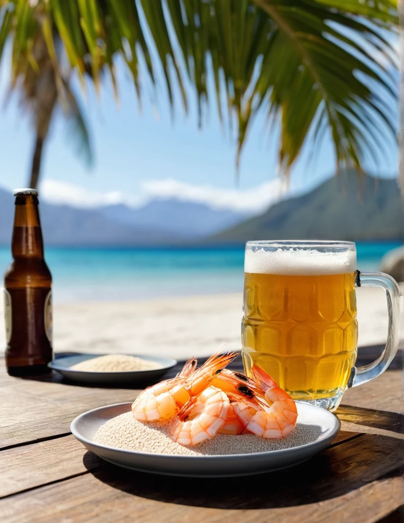 "RAW portrait of a deserted beach with crystal clear waters and very light sand. Sunlit scene with surrounding mountains. In the foreground, a few palm trees. Focus on a wooden table with a bottle of beer and a mug of frothy beer, alongside a plate of shrimp. The background includes blurred beach scenery with mountains and palm trees, creating a depth of field effect. Ultra-realistic and highly detailed."