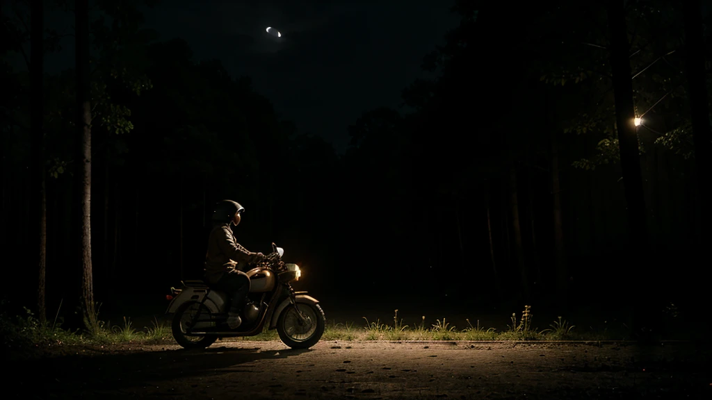 Boy riding a Jawa 42 bike in a dark forest night road Moon is watching and slow rain