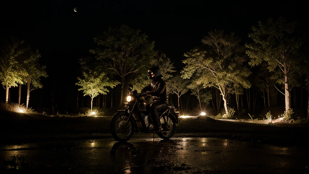 Boy riding a Jawa 42 bike in a dark forest night road Moon is watching and slow rain