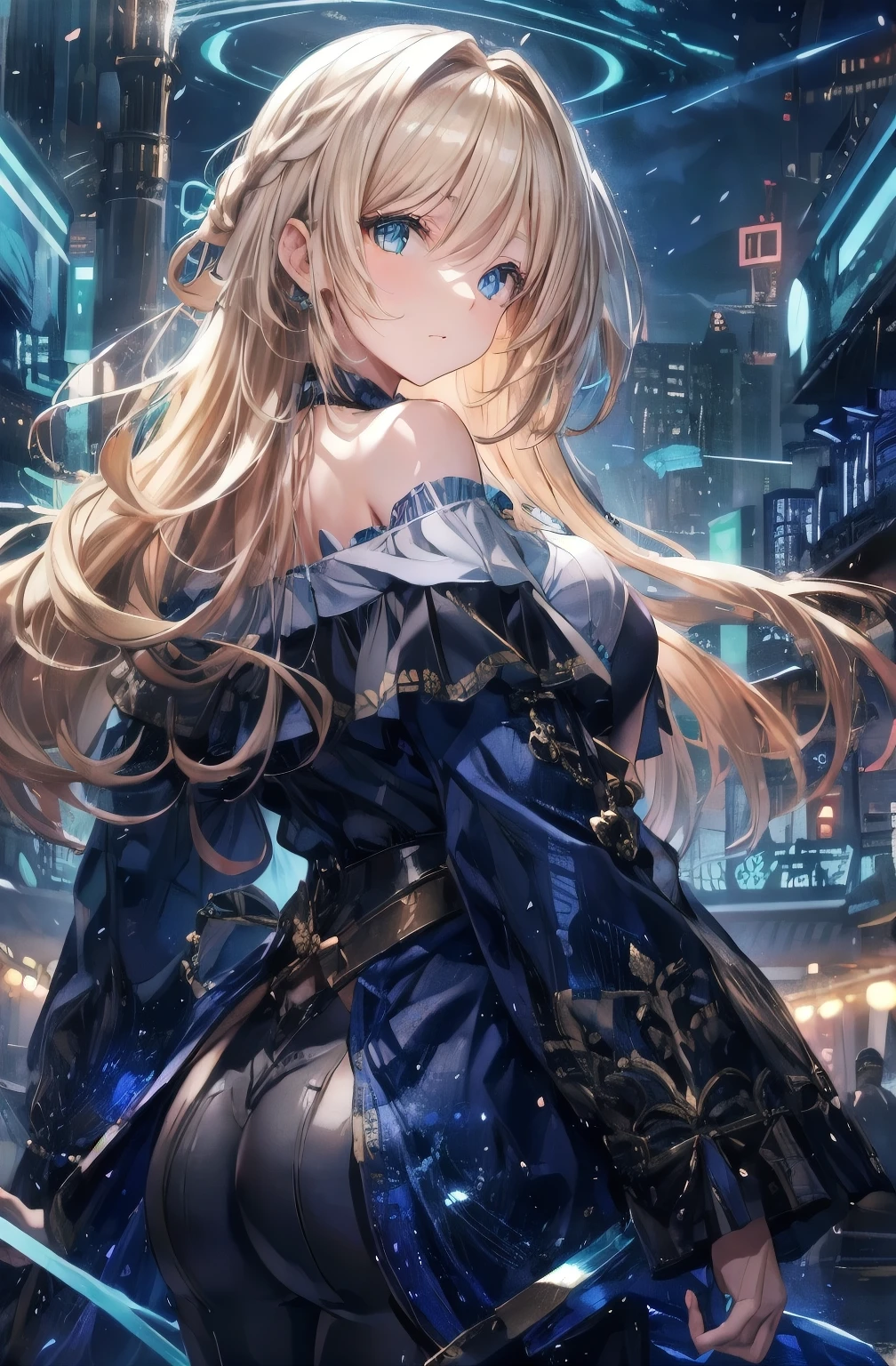 Blue glowing eyes、 Blonde Hairstyle Myriam Hair、 Off-the-shoulder blouse、BackgroundIlluminationLightCity