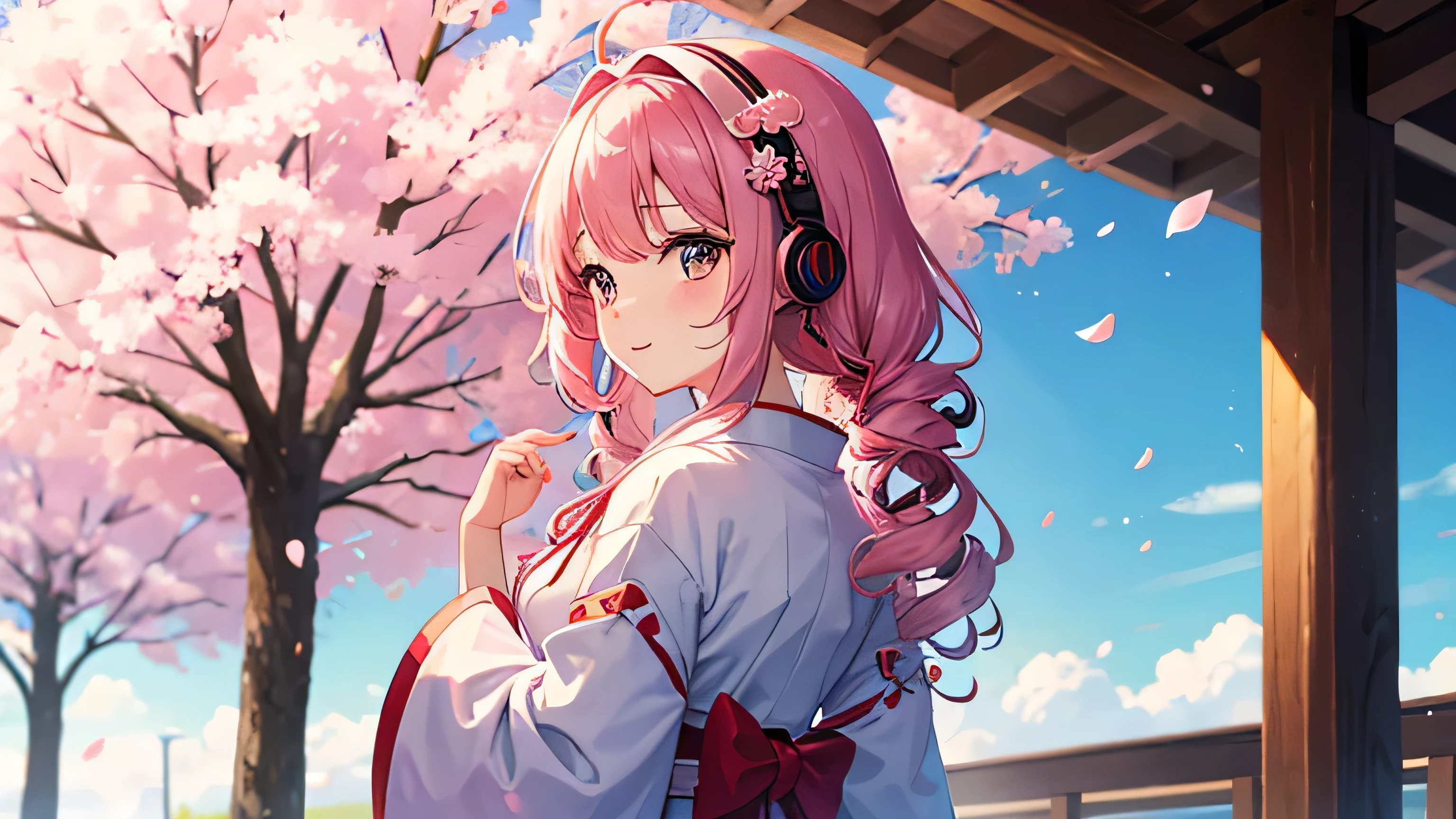 A cute girl wearing traditional Japanese clothing listens to music through headphones。Cherry blossoms fluttering in the nostalgic yet cheerful atmosphere of Kyoto。Her hair is long and curly.、Anime-like face,arms behind back,(head band:1.2)