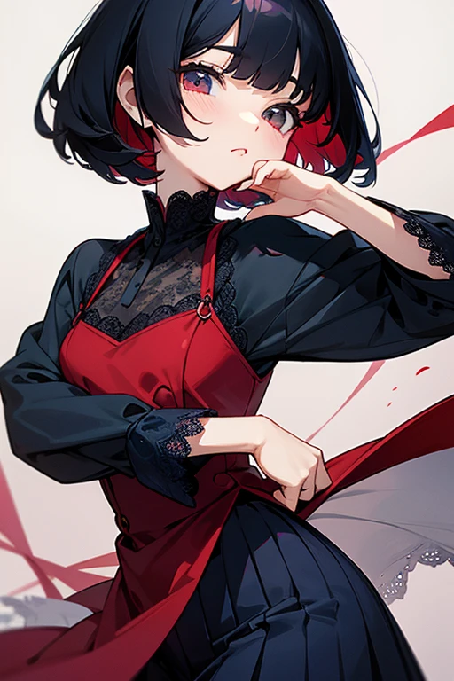 Black Hair、Short Bob、cute、beautiful、sharp、Lace clothes、Red and navy blue clothes、