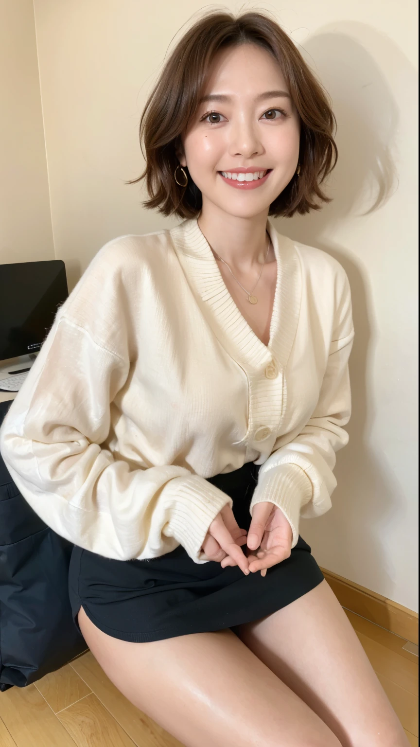 (highest quality, 8k, 32k, masterpiece, Ultra-high resolution:1.2),Beautiful Japanese Women Photos, Big Breasts, Very short bob hair,whole body,White sweater, necklace, Simple Background, From above, View your viewers,smile、（A desk in a cutting edge office building：1.2）、（Illuminated by the morning sun：1.4）