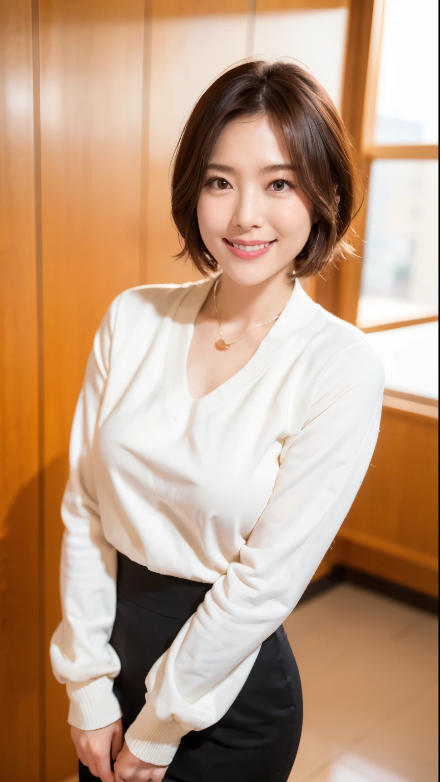 (highest quality, 8k, 32k, masterpiece, Ultra-high resolution:1.2),Beautiful Japanese Women Photos, Big Breasts, Very short bob hair,whole body,White sweater, necklace, Simple Background, From above, View your viewers,smile、（A desk in a cutting edge office building：1.2）、（Illuminated by the morning sun：1.4）