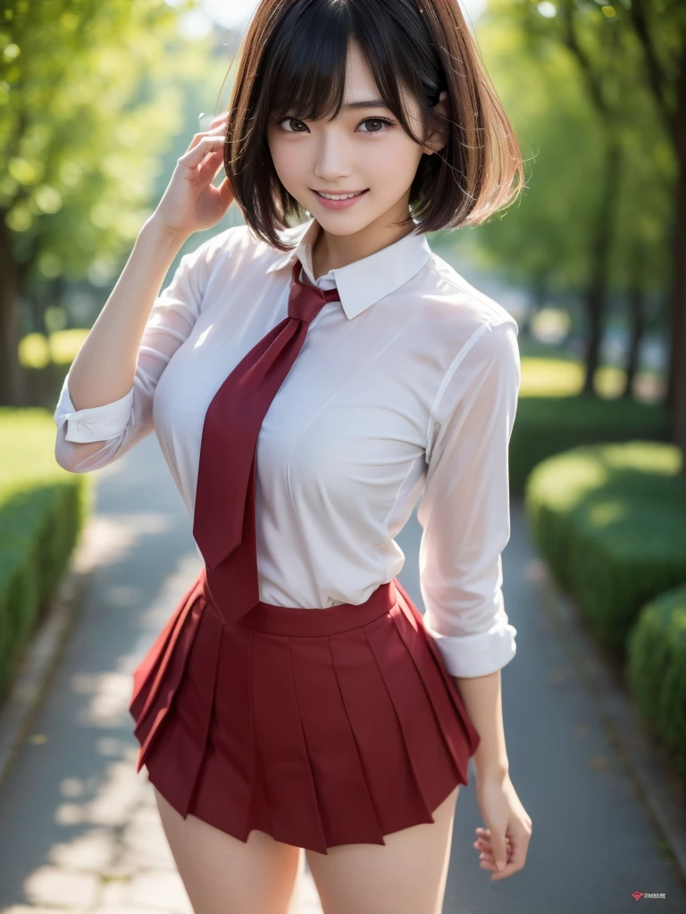 Woman posing for a photo, ((whole bodyショット)), The most beautiful Japanese models,  female model, 4k、bangs、(((smile))), (Short Bob Hair), 非対称なbangs, Straight hair、(White shirt, Red tie , Dark blue pleated skirt:1.2),　(Idol-like and super cute face:1.4), whole body, Slim and beautiful figure, sexy, Beautiful breasts, Laughter, The background is a row of fresh green trees, (Raw photo, highest quality, masterpiece, Ultra-detailed, Ultra-high resolution, Realistic),