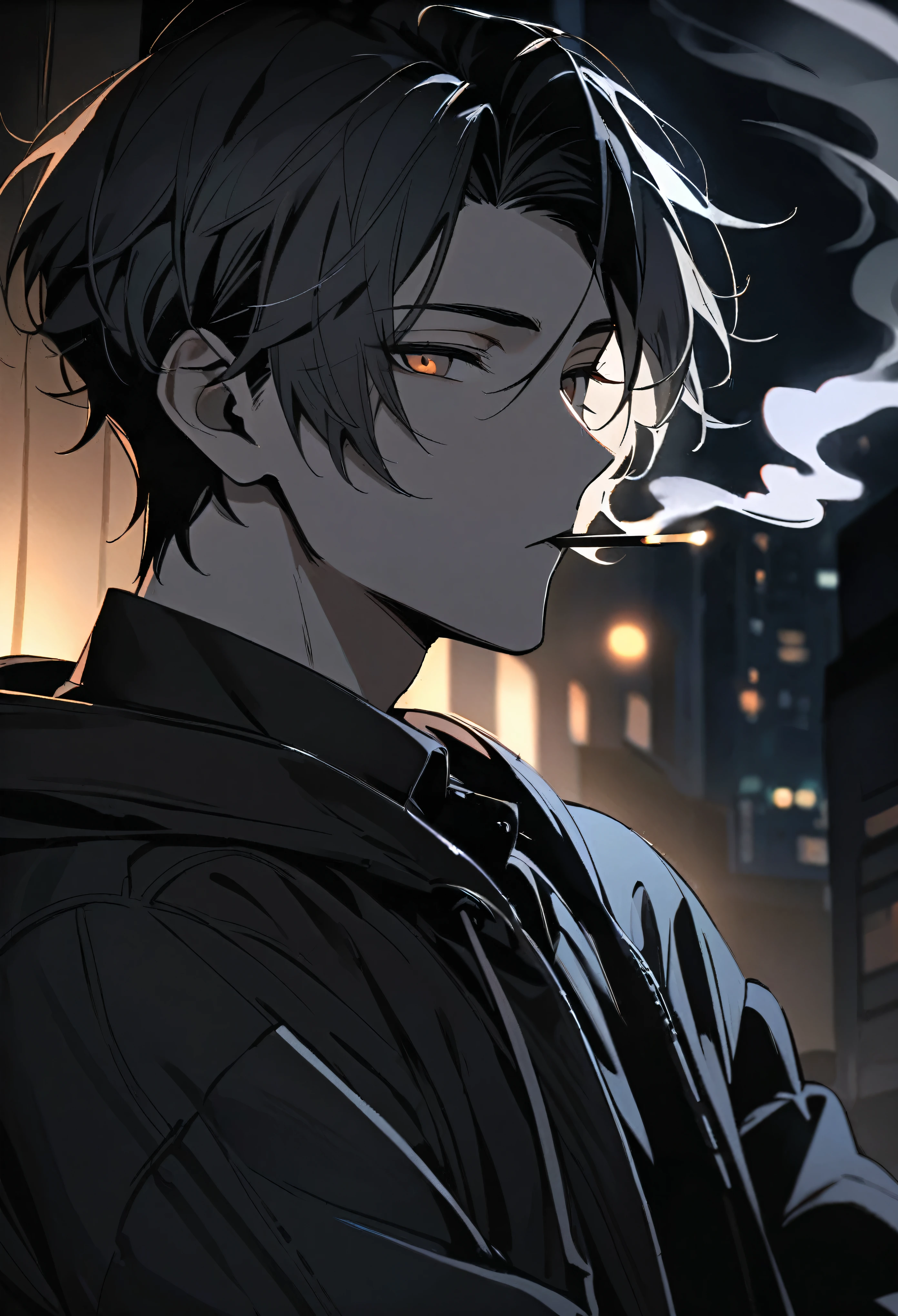 Beautiful young man, brown hair, short hair, yellow eyes, blue quilted coat, smokes, night, smoke,high quality, amount of drawing, pixiv illustration