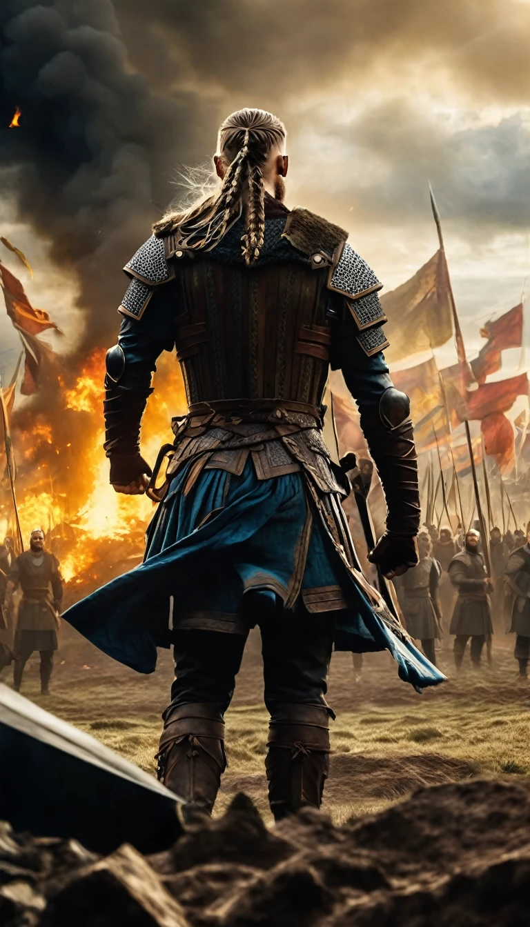 Photorealistic cinematic thumbnail depicting a Ragnar Lothbrok standing triumphantly on a battlefield, surrounded by the banners of conquered kingdoms, with dramatic lighting, high-resolution, wide angle, ultra-realistic textures, intense colors, and a captivating composition