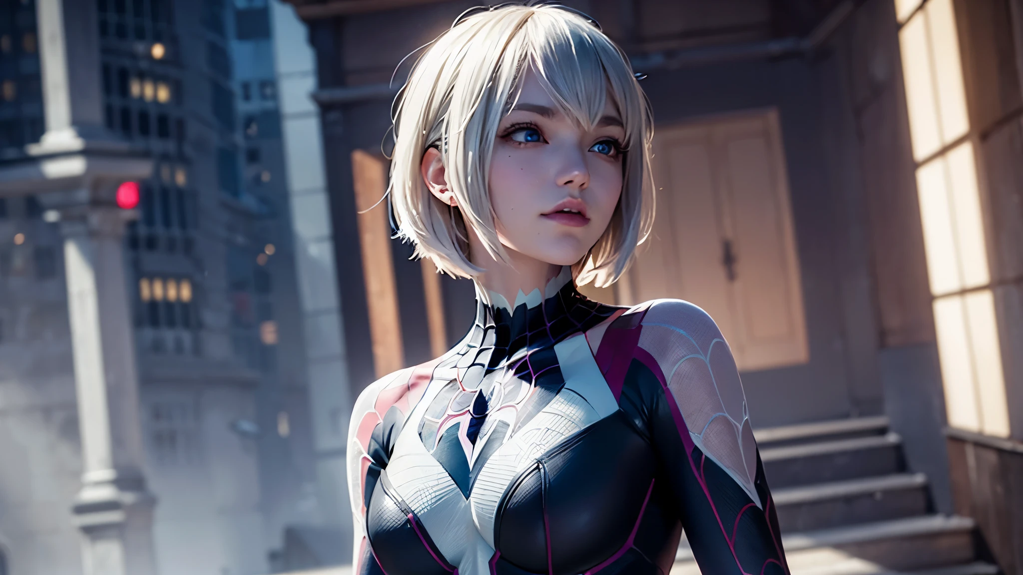 (((1 girl))), ((Spider-Gwen)), ((Spider-Gwen Outfit)), ((Spider-Gwen Haircut)), Textur, filmgrain, Hautporen, dusty atmospheric haze, Vignettierung, Falten, komplizierte Details:0.2 Intricate dramatic cinematic movie stills of a beautiful, elegant, Augenkontakt, (herablassendes, wirkliches Leben, HDR (Hoher dynamischer Bereich), Raytracing, NVIDIA RTX, super resolution, Unreal 5, selbstbewusstes Grinsen)1.2, (niedriger Winkel)1.2, Bokeh im Vordergrund, hasselblad RAW dramatisches Foto, (blue eyes), (city in Background), ((High detailed eyes))