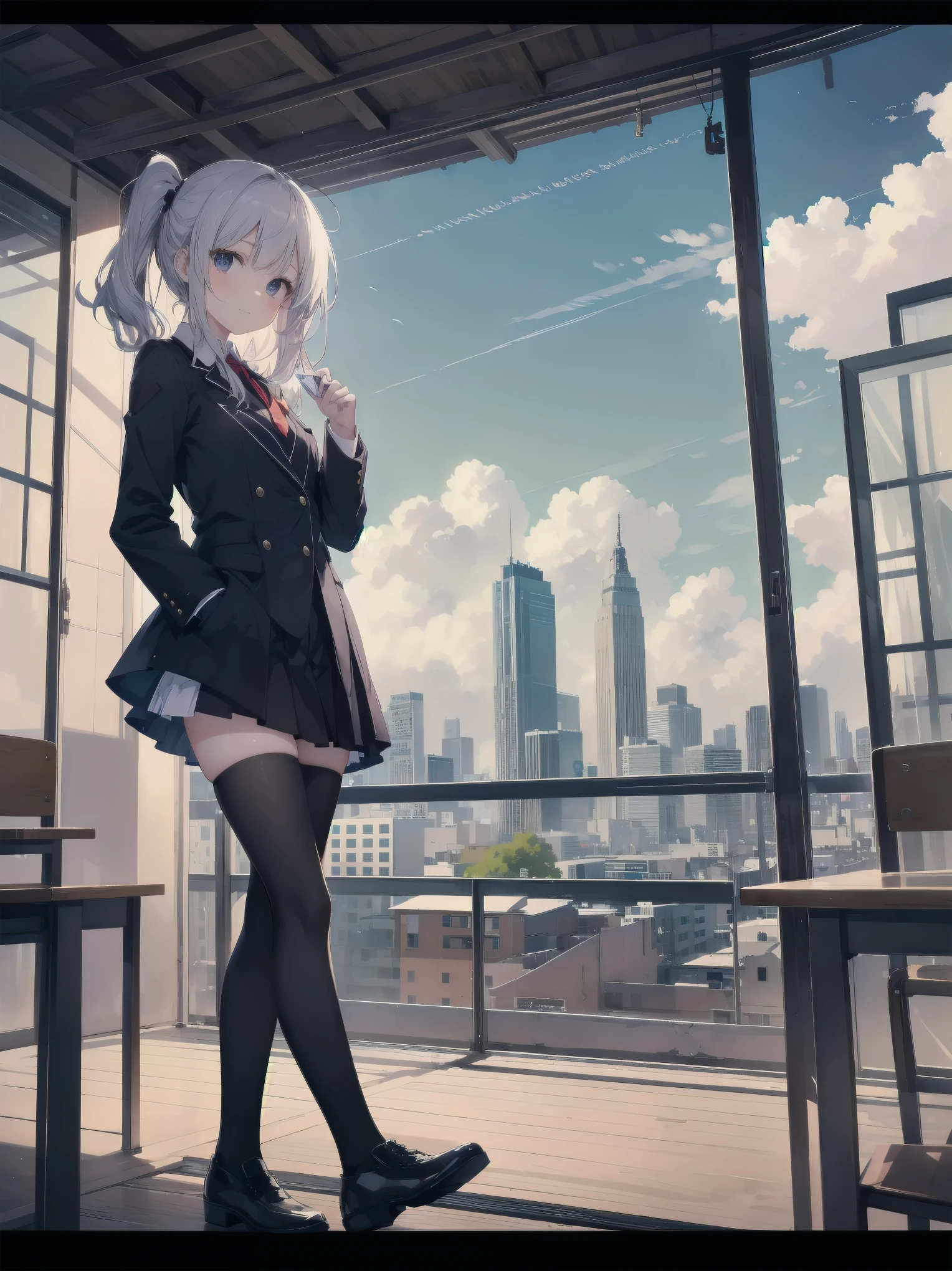 Subtitle: {{school rooftop}} {{uniform}} {{staring into the distance with the wind blowing}}

School rooftop. A strong wind was blowing through the air, and Saori, a beautiful girl, in her , was staring at the distant scenery, staring at an old key in her hand. Her mind was racing to find the place that the key pointed to. I guess this is where it starts," she muttered, placing the key at her feet. She muttered and opened a small box placed at her feet. Inside were several old photographs and a letter. Saori, did you find them?" I heard a voice behind me, and turned to see my classmate Reiko standing there. Yes, but now comes the problem. There's a mystery I have to solve, even if it's beyond the law. Saori replied with a determined look on her face. You really are amazing with your cute face." Reiko said with a smile.