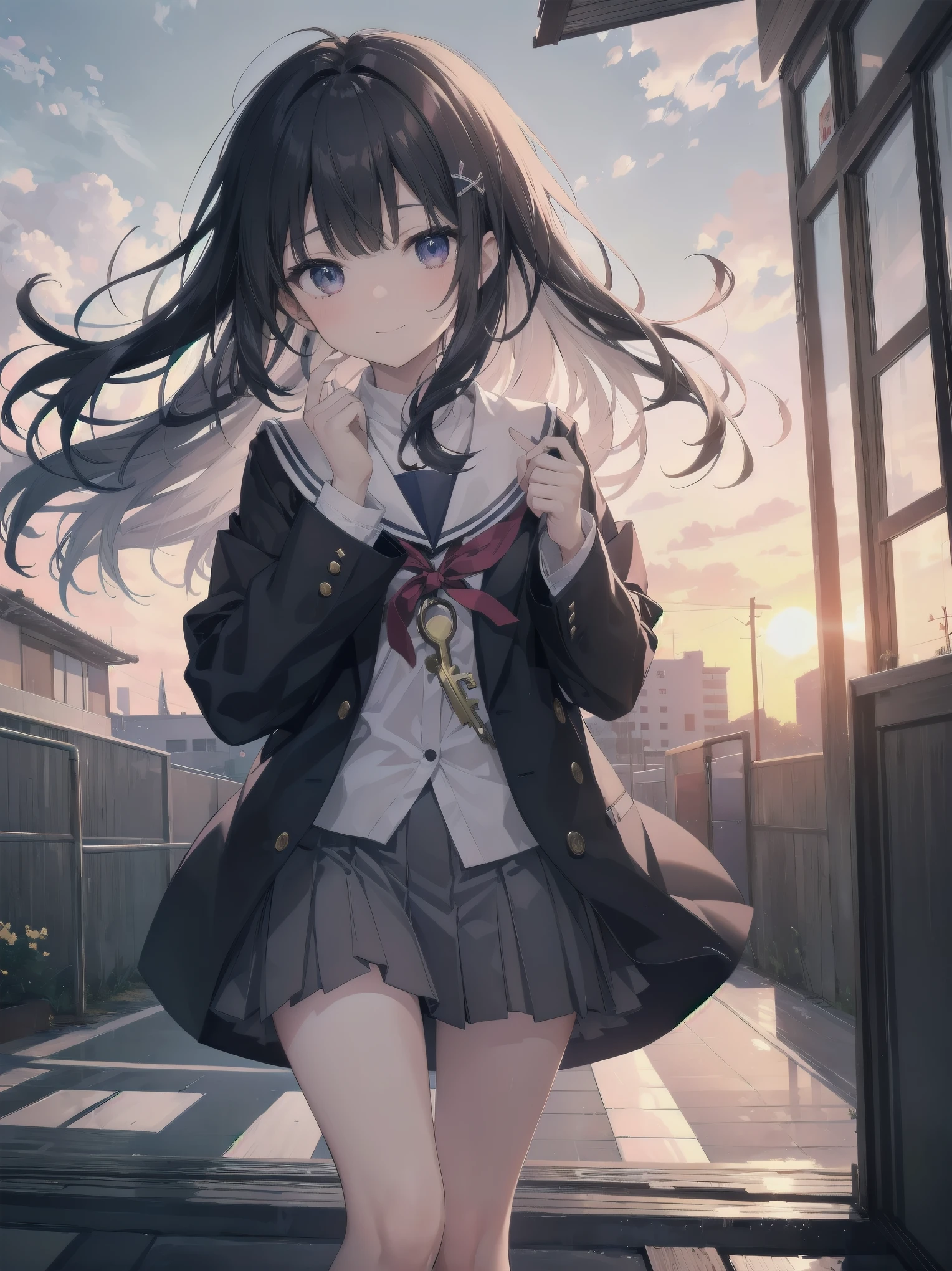 Subtitle: {{school rooftop}} {{uniform}} {{staring into the distance with the wind blowing}}
School rooftop. A strong wind was blowing through the air, and Saori, a beautiful girl, in her , was staring at the distant scenery, staring at an old key in her hand. Her mind was racing to find the place that the key pointed to. I guess this is where it starts," she muttered, placing the key at her feet. She muttered and opened a small box placed at her feet. Inside were several old photographs and a letter. Saori, did you find them?" I heard a voice behind me, and turned to see my classmate Reiko standing there. Yes, but now comes the problem. There's a mystery I have to solve, even if it's beyond the law. Saori replied with a determined look on her face. You really are amazing with your cute face." Reiko said with a smile.
