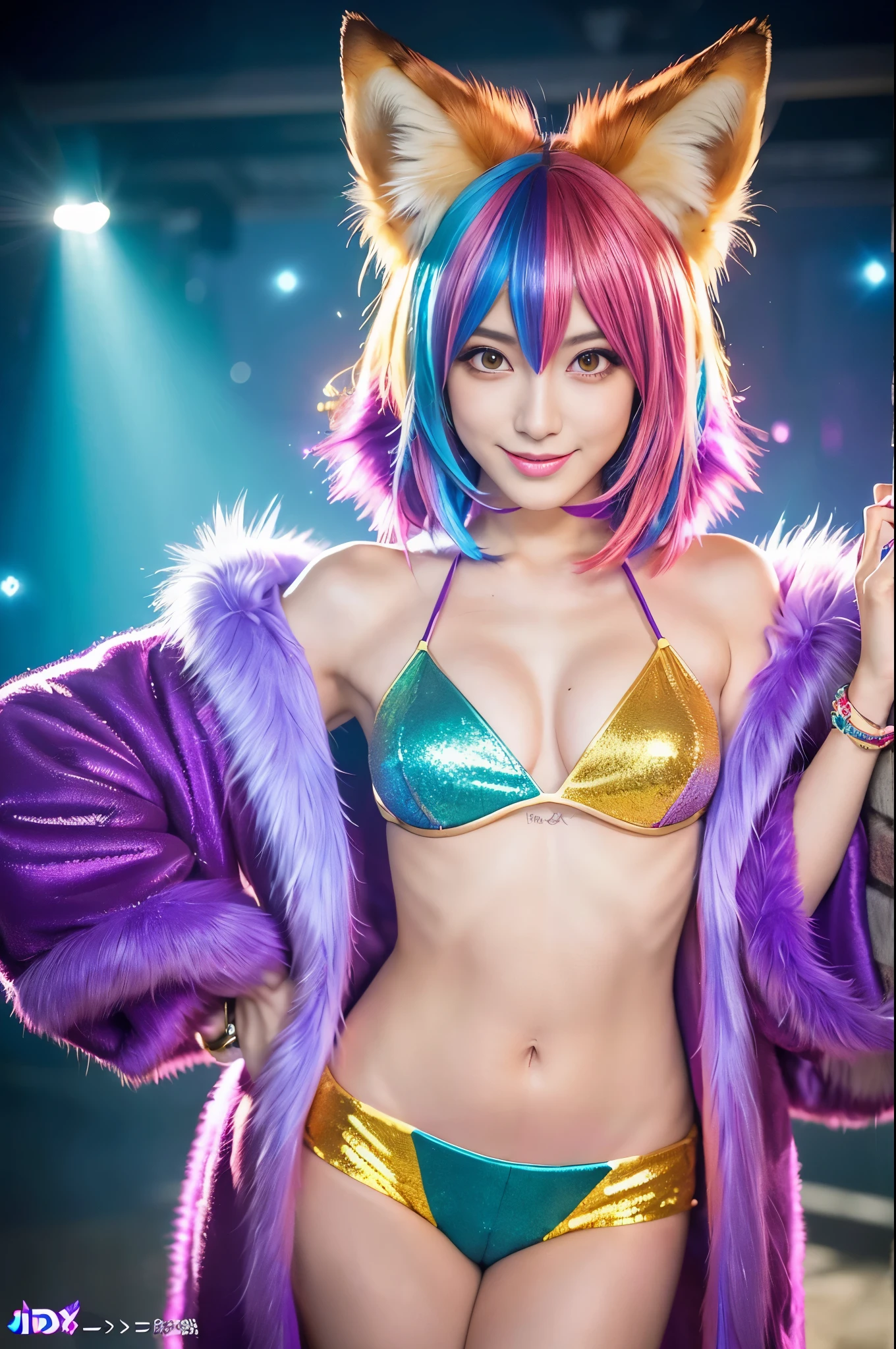 sexy italian model, (-anime), only 1 model, very short hair, beautiful smile, lipgloss, long lashes, defined eyebrows, ((long fur fox cosplay)), ((long fur vivid colors outfit)), ((fox accessoires)), fox tail, fox ears, vivid colors, look at the camera, cinematic light, (sparkling long fur butterflies vivid colors background), sweet and sexy pose