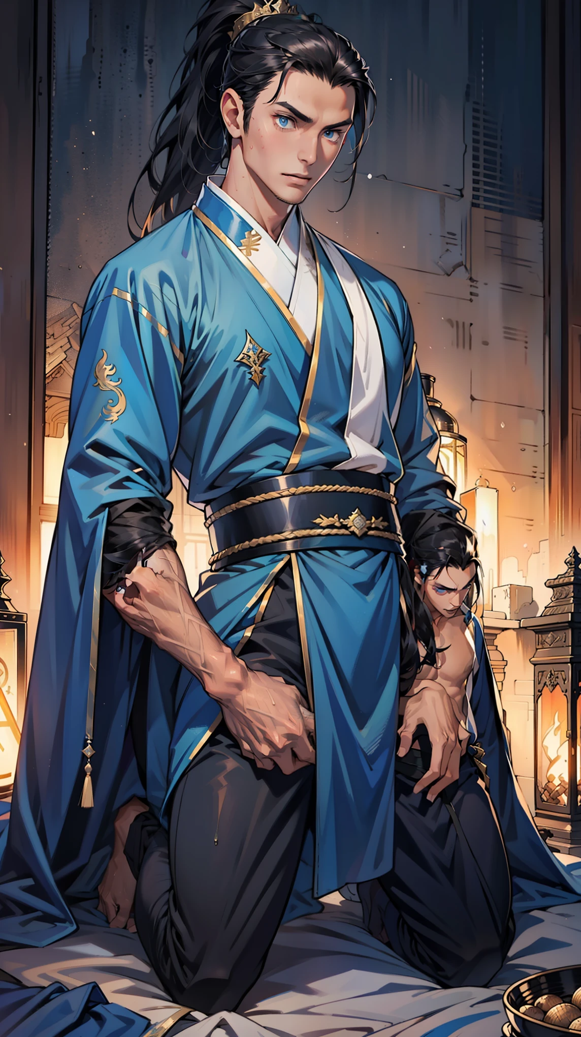 high quality,Best picture quality,Ultra-clear,Level Lighting,Ultra Detailed,Ray Tracing,individual(Young men),Handsome,(Youthful feeling),Black long hair,High Ponytail Hairstyle,blue eyes,Perfect male body,Wearing a blue ancient robe,kneel,Crotch view