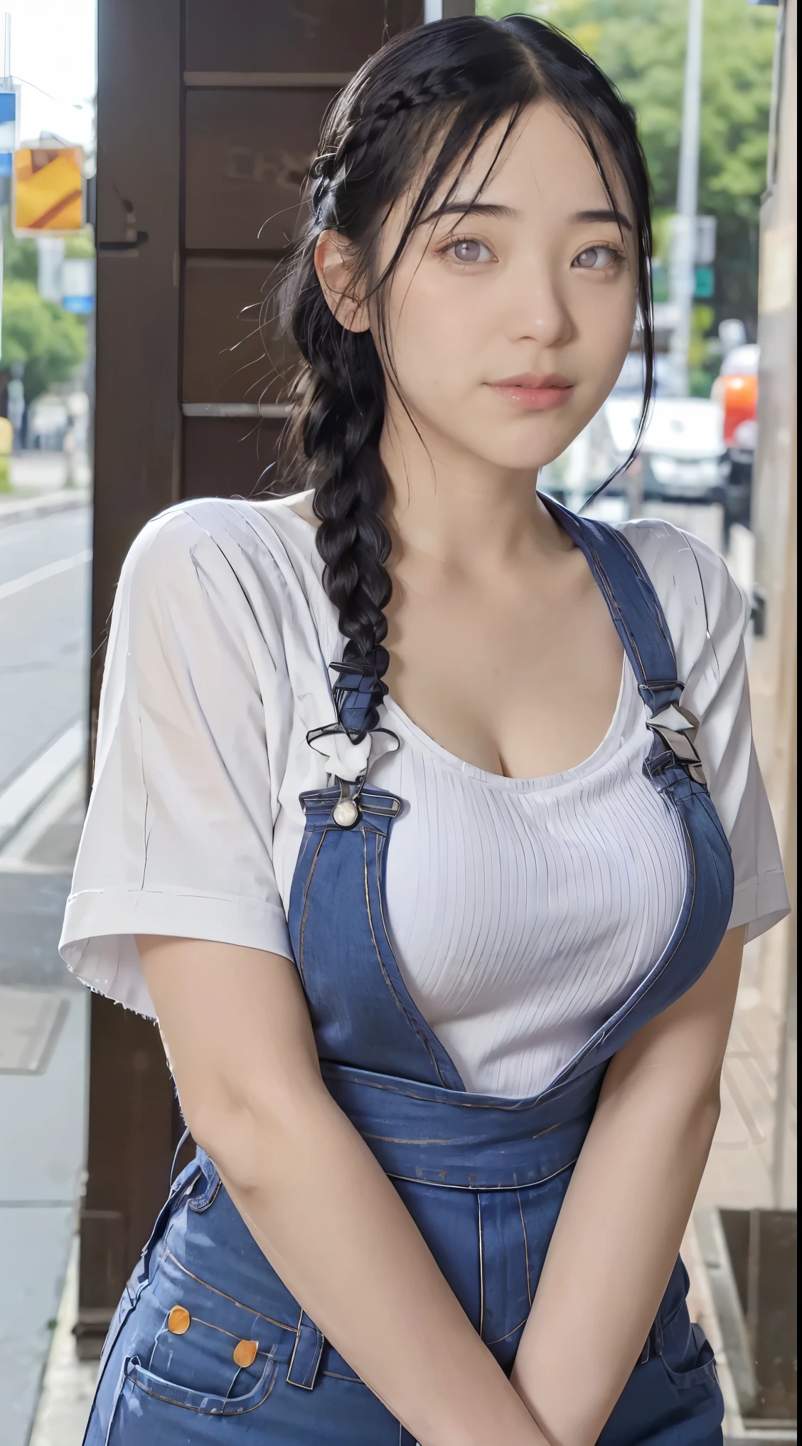 tmasterpiece, best qualityer, ultra - detailed, illustration,1girll,
long whitr hair,dark-blue hair,french braid,Purple eye,bluntbangs,cleavage,Large breasts
shirt,(jeans overalls:1.1),
mideum breasts,
looking at viewert,hyouka/(Boruto/),Detailed lips
