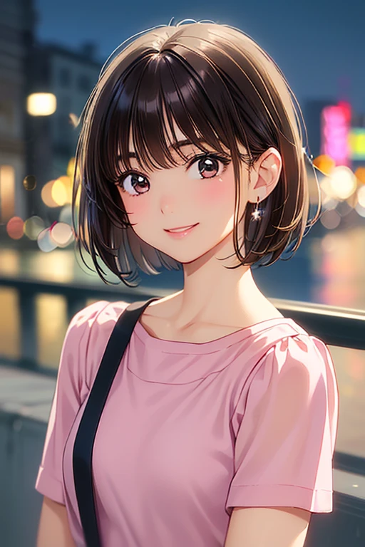 masterpiece、High resolution、High resolution、High resolution、1 female、Very close、((Depiction of only the upper body))、((Brown Hair、short hair、Short cut))、A kind smile、Smiling with teeth showing、Pink lip gloss、((Late Night City))、