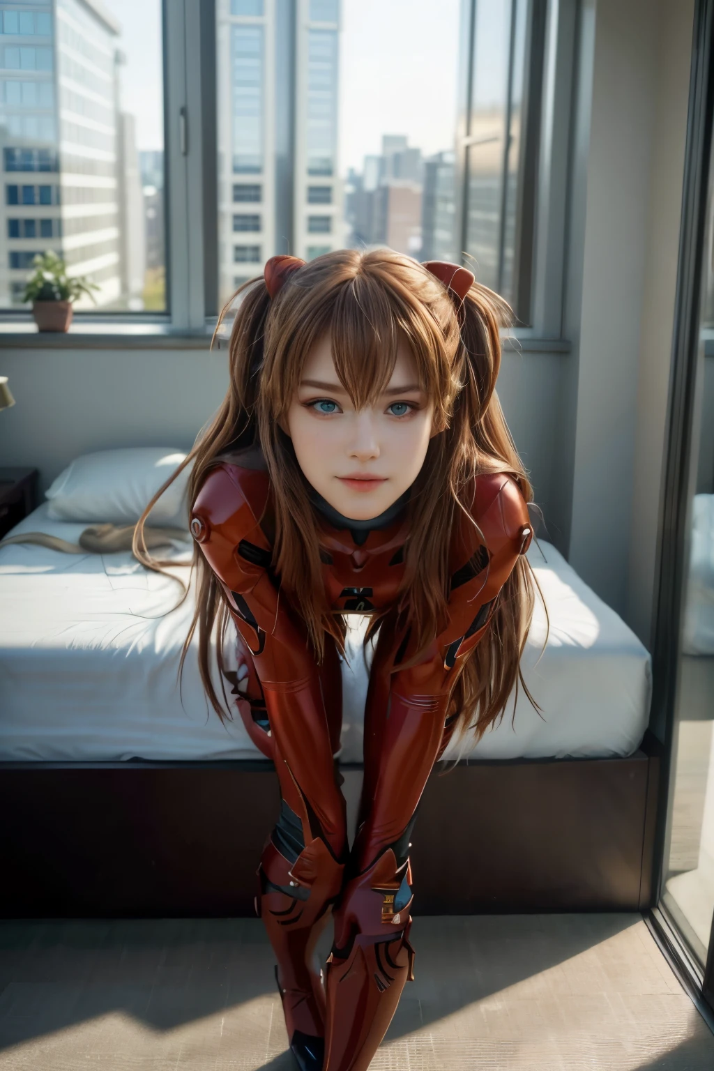 (1 lady), The beautiful, (Best quality at best:1.4), (ultra - detailed), (extremely detailed CG unified 16k), very detailed, High-definition RAW color photo, professional photoshooting, amazing face and eyes, cosmetics, blue eyes, perfect face, cosplay, professional photo, photo, photorealism, modelshoot style, portrait of shirogane, red plugsuit, feminine, bedroom, bed, sheets, window, plants, standing, realistic cinematic face, head to feet long wide zoomed out view, full body long view, photorealistic, gorgeous, extremely beautiful face, perfect model beauty, pout mouth, flirting smile, best quality, high resolution, extremely detailed, blurred background, depth of field, cinematic lighting, amazing legs, clear and well-cared skin, looking at viewer, frontal photo, (ultra detailed face, shirogane)