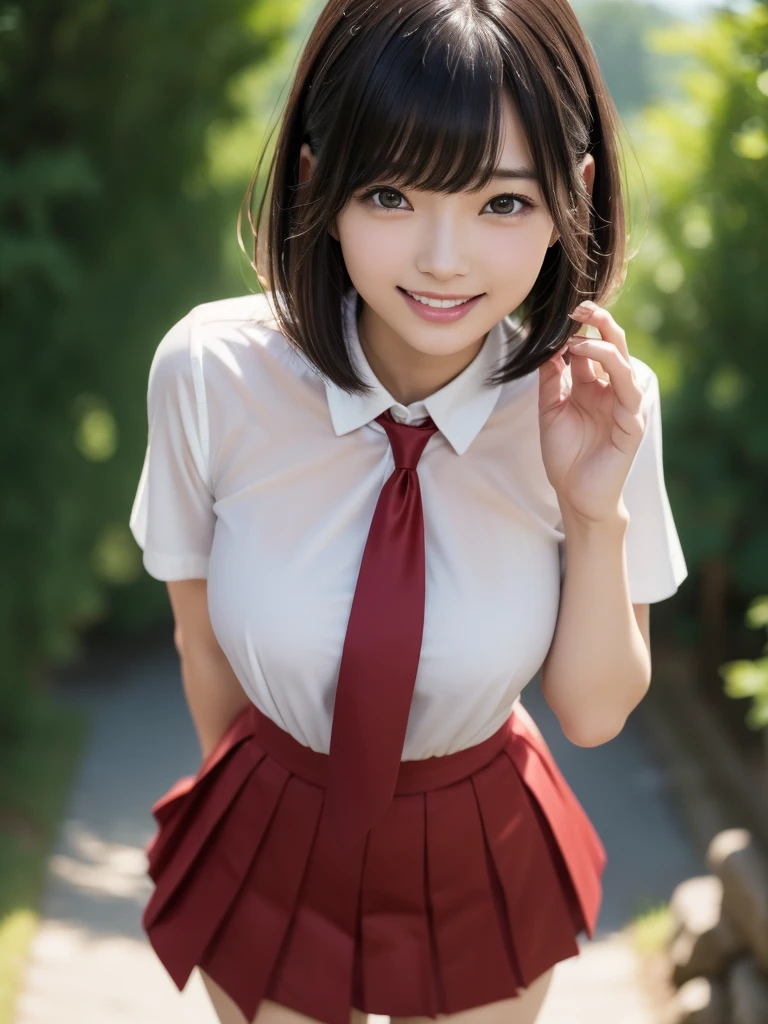 Woman posing for a photo, ((whole bodyショット)), The most beautiful Japanese models,  female model, 4k、bangs、(((smile))), (Short Bob Hair), 非対称なbangs, Straight hair、(White shirt, Red tie , Dark blue pleated skirt:1.2),　(Idol-like and super cute face:1.4), whole body, Slim and beautiful figure, sexy, Beautiful breasts, Laughter, The background is a row of fresh green trees, (Raw photo, highest quality, masterpiece, Ultra-detailed, Ultra-high resolution, Realistic),