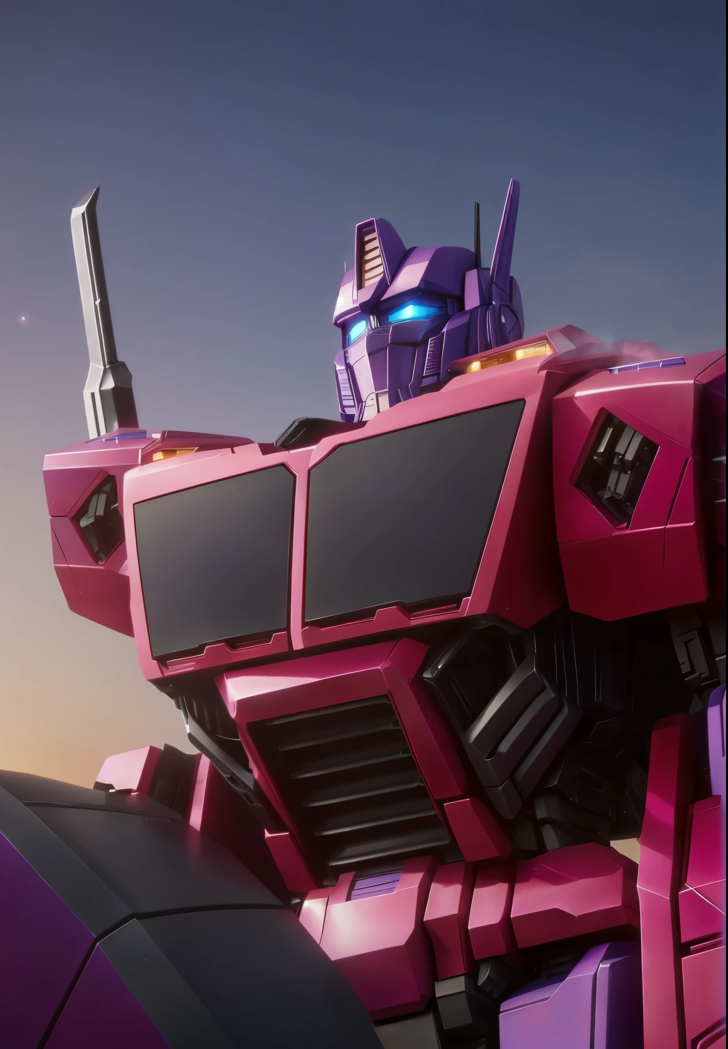 a close up of a pink and purple robot with a sky background, from transformers, optimus prime, transformers g1, cybertronian, in the movie transformers, transformers, transformers tech, cybertron, transformers toys, transformers war for cybertron, transformer, cinematic close shot, cliffjumper, goku fused with optimus prime, optimus sun orientation, transformers toy, transformers generation one