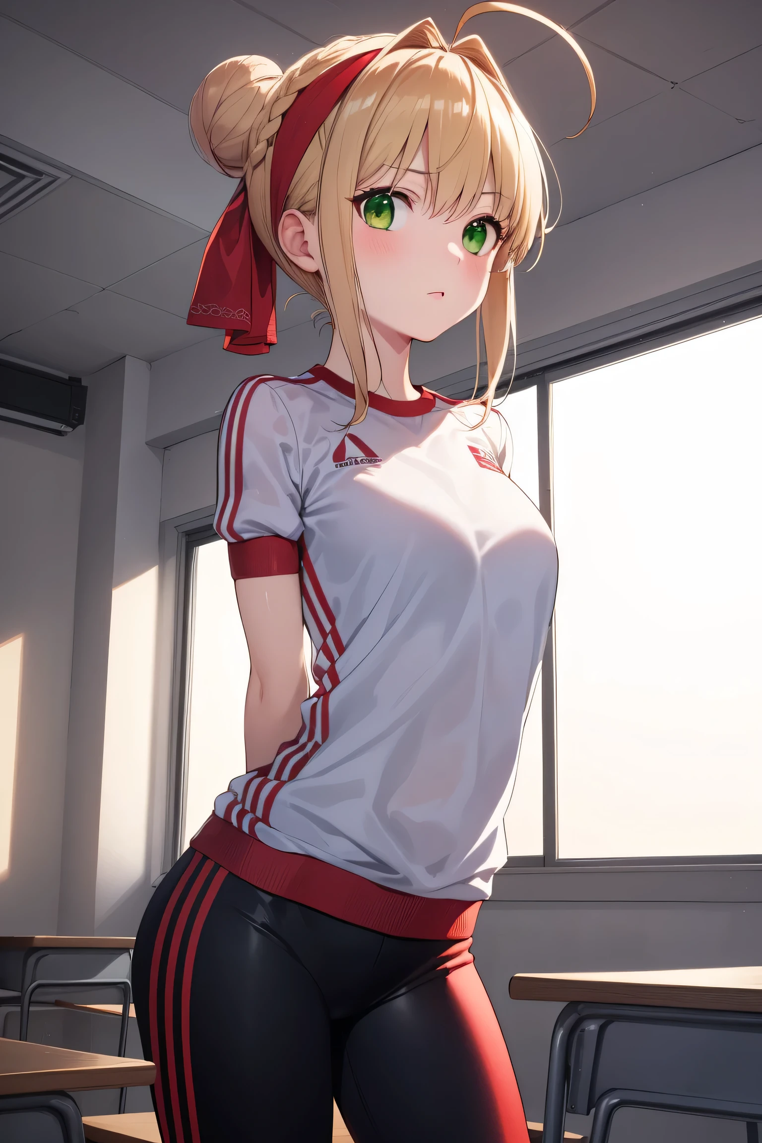 One girl,fgoblack, black, Ahoge, Blonde Hair, (Green Eyes:1.5), Hair between the eyes, Hair Intake,
break braid, Bloomers, French Braid, Gym Shirt, Gym suit, Hair Bun, head band, Official Alternative Costumes, red Bloomers, red head band, single Hair Bun,
break looking at viewer, Are standing, Leaning forward, Put your arms behind your back,
break indoors, classroom,
break (masterpiece:1.2), highest quality, High resolution, unity 8k wallpaper, (figure:0.8), (Beautiful fine details:1.6), Highly detailed face, Perfect lighting, Highly detailed CG, (Perfect hands, Perfect Anatomy),