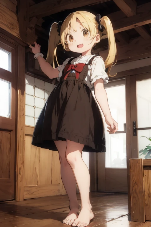 Highest_quality:1.4, Very long term, Very big eyes, (infant), (upon), very small stature, Blonde, (Low twin tails:1.4), Brown eyes, barefoot, Heel, magic, Laughter, magic少女まどか,