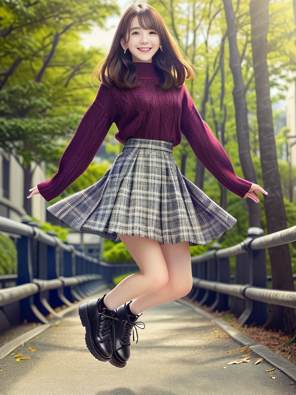 Photo-realistic quality、Wearing a skirt and sweater２０An old woman jumping in the air,   Cute girls in real life, Wearing a flared checked skirt、looking at the camera、Cute Smile、Women like idols、Beautiful Model、A soft and gentle look