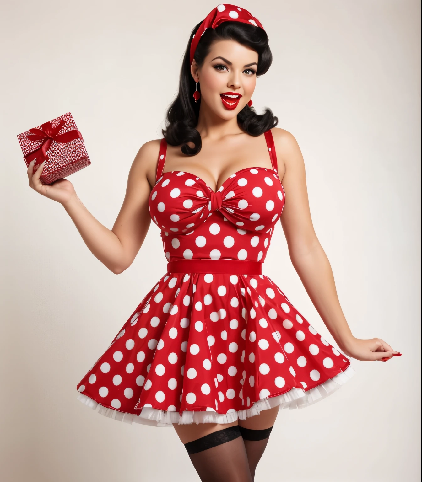 Full length photo of a girl holding a gift in her hand. realistic 35 year old sexy emotional black hair brunette. Her lips are slightly tubular. Squinted gaze, laughs, adding mystery and sexuality. She touches her feet with surprise, taking a sexual position. The model is made in pin-up style with hair styling in the style of victory rolls. She has plump sexy red lips, she has average breasts and blows a sexy kiss. She portrays an American housewife, posing with a gift in various sexual positions. Her black hair and open mouth create the image of a pin-up girl. She is on a white background, red retro dress with large polka dots with fluffy, voluminous ballerina skirt bouffant dress. red retro bouffant dress with polka dots in pin-up style with large polka dots, a fluffy, voluminous ballerina skirt and a tutu. A red bandana on the head., and red stockings on her legs wears a red retro dress with large polka dots with a fluffy voluminous ballerina skirt. Red bandana on head, and red stockings on my feet. The photo is made in pin-up style, emphasizing the retro-USA vibe. open mouth body turn she opens her mouth open wide mouth sexy look