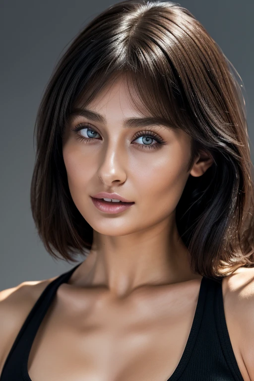 ,1 girl、Taylor Hill、1 girl、超High resolution, retina, Accurate, masterpiece, Anatomically correct, Super detailed, Textured skin, Attention to detail, high quality, High resolution, 8k、、Big double eyes、nose、The focus is on the mouth、close-up focus on face、Woman with open mouth and closed eyes、30 years old、Mature Woman,、Black Hair、,  Pulling the hair back, Gray background,Half Backlight,Tank top,Realistic pores,Hair,
