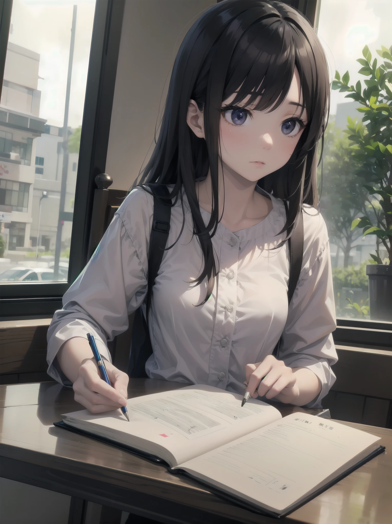Subtitle: {{Cafe}} {{Private Clothes}} {{Writing in a Notebook}}
In a small café in town, a beautiful girl, Saori, was sitting at a table in her casual clothes, writing something in a notebook. The soft light shining through the café window illuminates her profile, accentuating her concentrated expression. A map and a reference book lay spread out before her. I think I'm close to solving the mystery," Saori muttered. Saori mutters, running a pen through her notebook. The smartphone in her hand trembles for a moment, and a message appears. We don't have much time. We have no choice but to take extrajudicial measures. Determined, Saori closed the notebook and stood up.