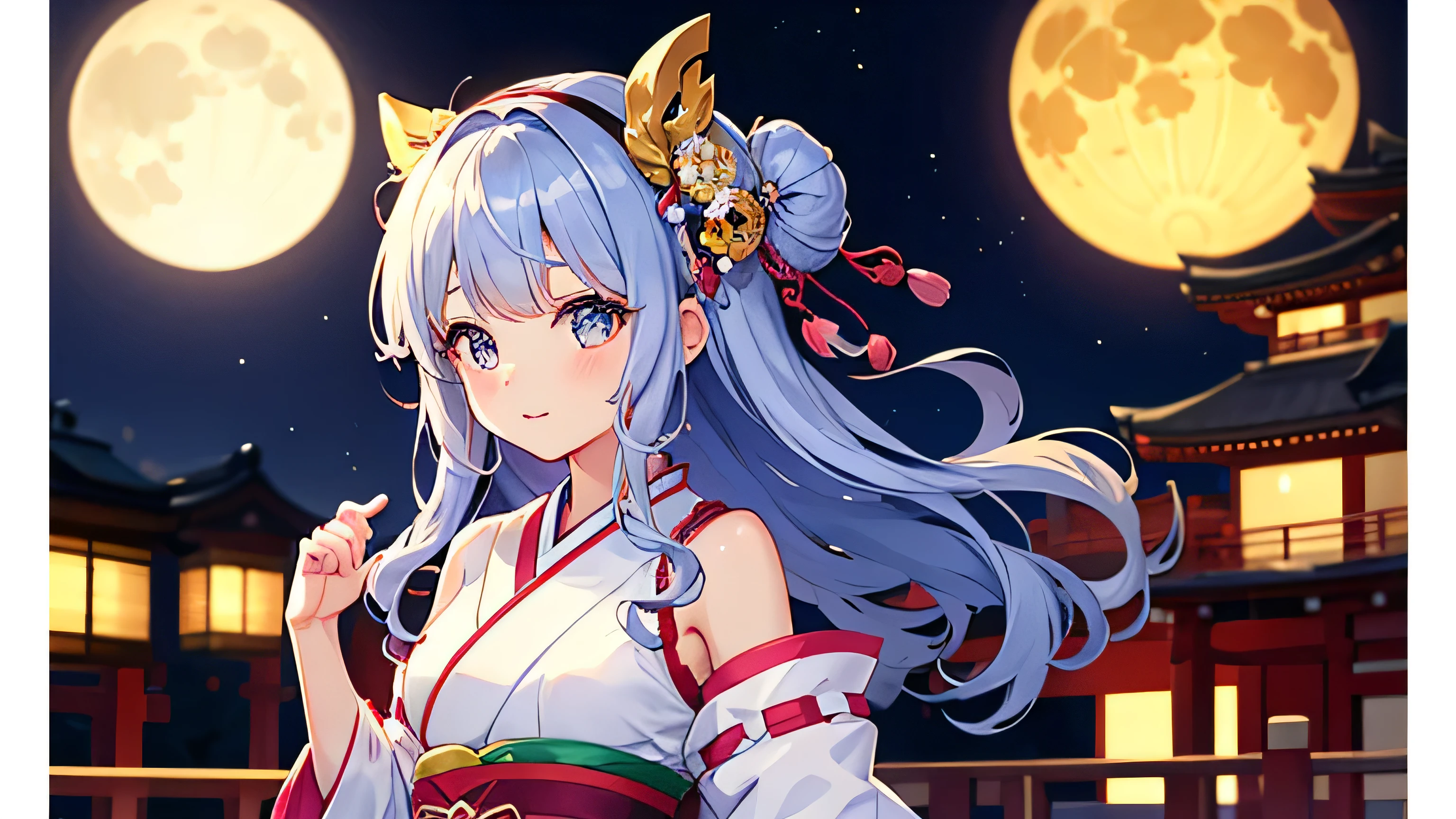 A cute girl wearing traditional Japanese clothing listens to music through sweet full moon night. Beautiful city view in the nostalgic yet cheerful atmosphere of edo era。Her hair is very curl long and curly.、Anime-like face,arms behind back,(head band:1.2)