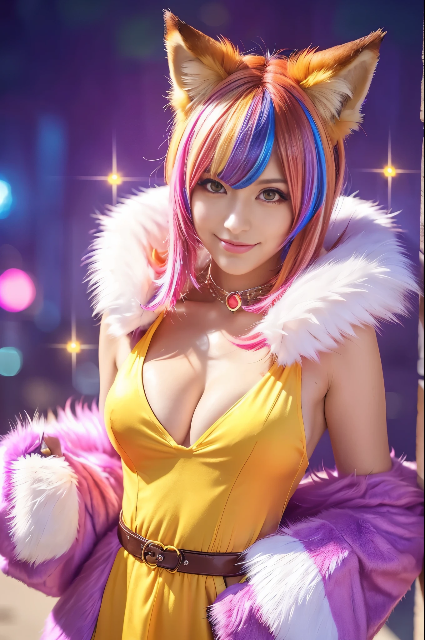 sexy italian model, (-anime), only 1 model, very short hair, beautiful smile, lipgloss, long lashes, defined eyebrows, ((long fur fox cosplay)), ((long fur vivid colors outfit)), ((fox accessoires)), fox tail, fox ears, vivid colors, look at the camera, cinematic light, (sparkling long fur butterflies vivid colors background), sweet and sexy pose