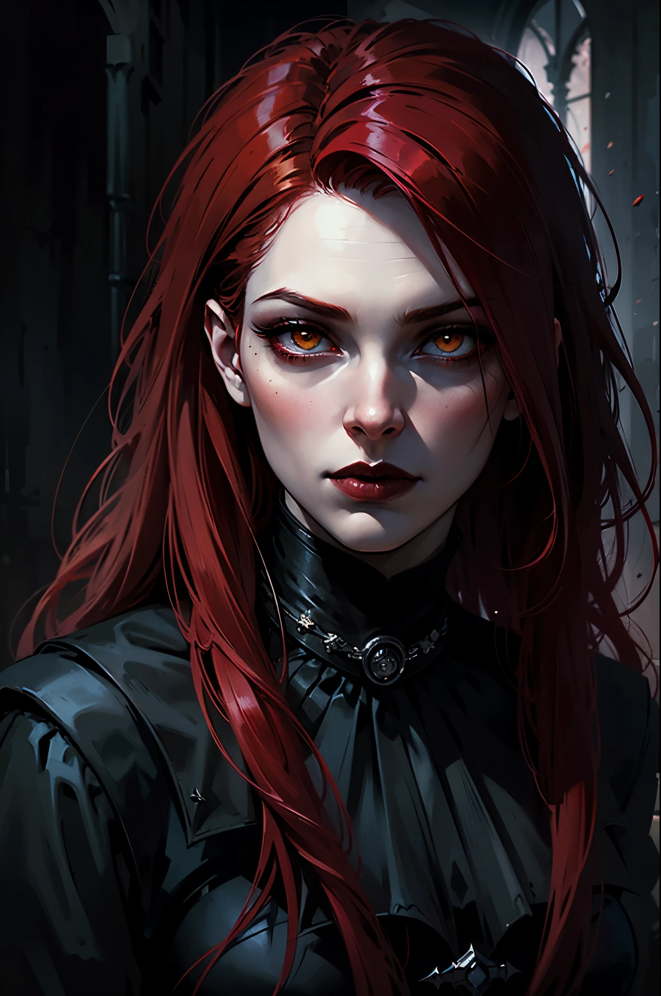 Woman with red hair and yellow eyes in black outfit, Vampire Girl, Dark, But detailed digital art, dark fantasy style art, Portrait of a vampire, androgynous vampire, Dark art style, style of charlie bowater, gothic horror vibes, tom bagshaw artstyle, gothic art style, dark fantasy portrait, neoartcore and charlie bowater