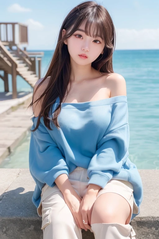 Ultra high definition、masterpiece、correct、Anatomically correct、Textured skin、Very detailed、High detail、high quality、最high quality、High resolution、8k、Surrealism、Raw photo、whole body、Beautiful Teenage Woman、One Japanese woman、Big beautiful eyeedium chest、Brown medium-long hair、((Wear a white off-the-shoulder zip-up hoodie))、((Wear a blue tube top))、((Wearing white short cargo pants))、Wear black sneakers、Stairs on the beach、sit