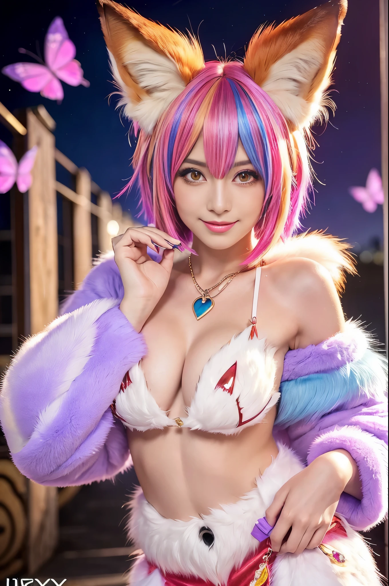 sexy italian model, (-anime), only 1 model, very short hair, beautiful smile, lipgloss, long lashes, defined eyebrows, ((long fur fox cosplay)), ((long fur vivid colors outfit)), ((fox accessoires)), fox tail, fox ears, vivid colors, look at the camera, cinematic light, (sparkling long fur butterflies vivid colors background), sweet and sexy pose