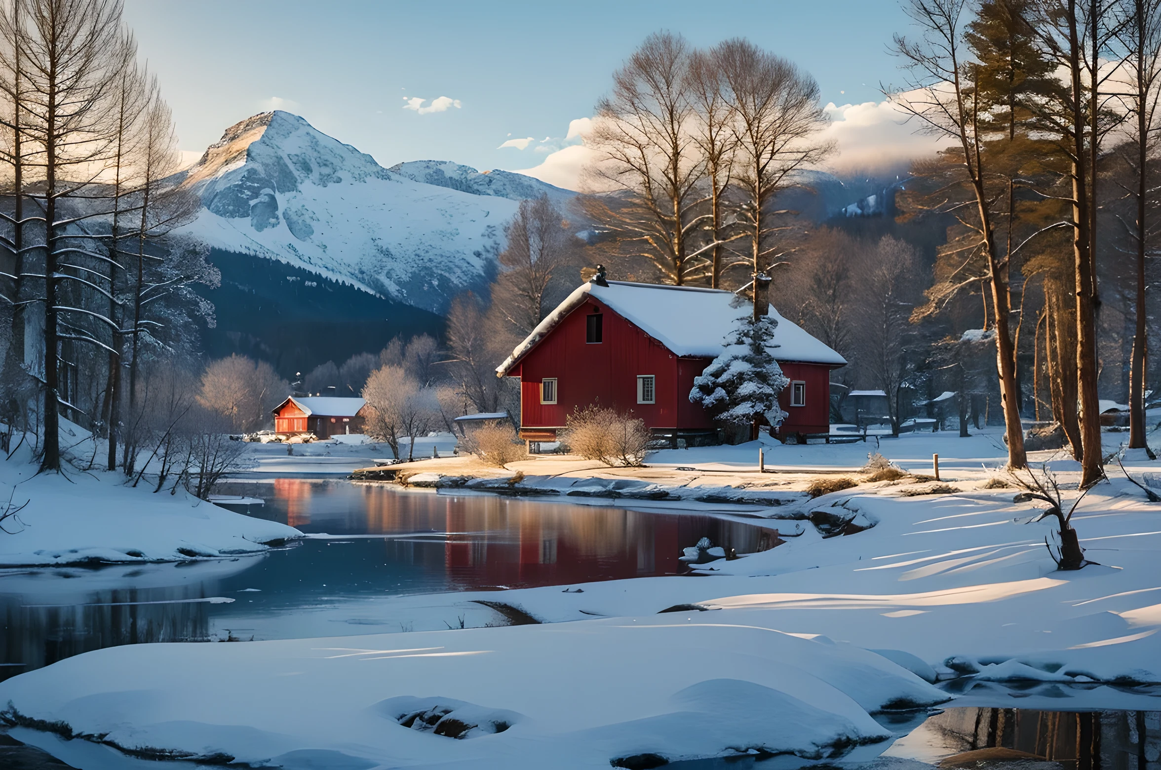 (best quality,4k,highres,masterpiece:1.2),snowy mountains,snowy landscape,crystal clear lake,small boat,red wooden house on snowy ground,snow-covered roof,serene atmosphere,frosty trees,freshly fallen snow,lone figure walking in the distance,warm light from the house's windows,reflection of the mountains in the lake,peaceful silence,winter wonderland