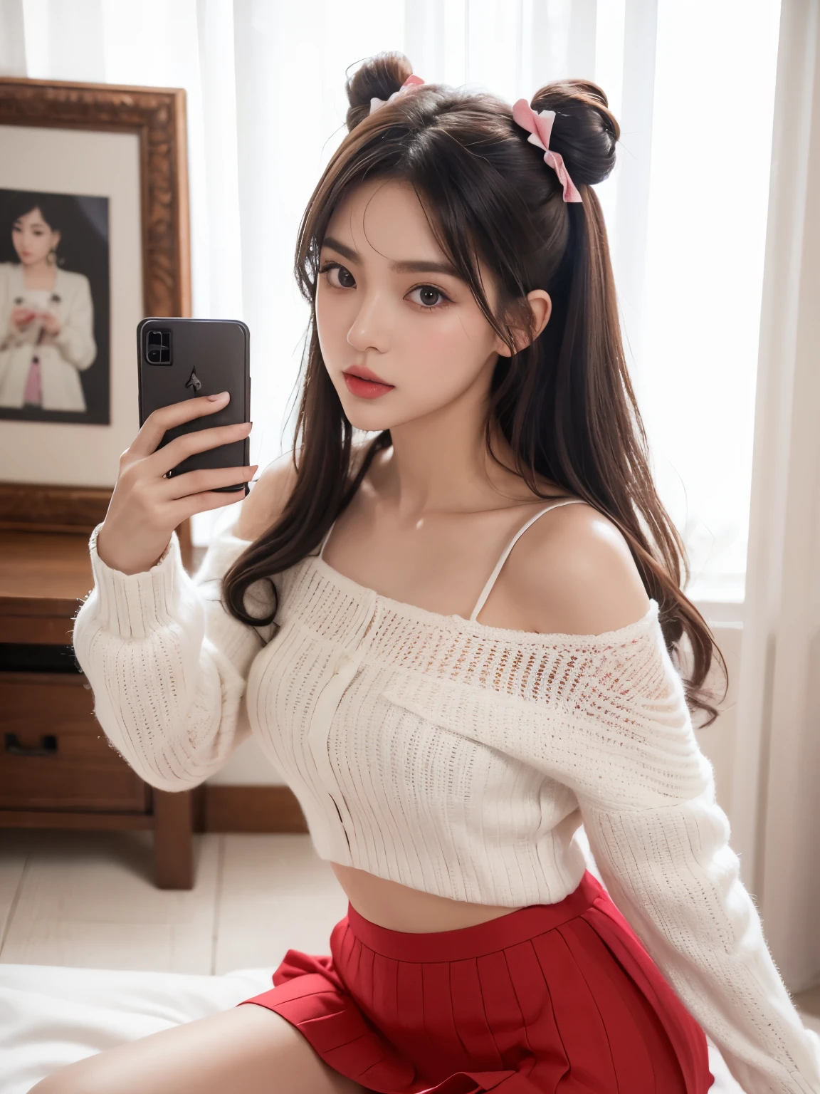 Kim Jennie with white brown hair, con rulos en las puntas, with two bows on each side of the hair, all her hair white brown, with a star clip in her white brown hair, ojos de color claro, ojos bonitos, ojos llorosos, nariz bonita y respingada, nariz lloroso, labios bonitos, labios rosas, heart and cupid shaped lip, piel bonita, pale, piel blanca, con lunares y pecas en todo el rostro, rubor rosa suave en las mejilla, rubor rosa natural, maquillaje suave y rosa, jennie, cuello bonito, cuello marcado, frown, mirada tierna, con un collar de beso, un collar bonito de beso, parecido a Yumeko Jabami, mientras lleva puesto un Crochet YK2, de lana, with a YK2 style brown mini skirt, mientras lleva una casaca con estampados de ositos, mientras tiene el abdomen desnudo, delgado, marcado y bonito, (pechos grandes, pechos suaves, pechos bonitos), mientras esta haciendo cospaly del personaje Yumeko Jabami, del anime Kakegurui, mirando a la camara, autofoto, selfie bonita