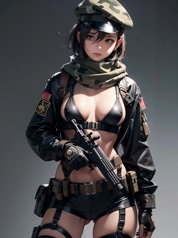 Black bodysuit soldier female skinny short hair Gun Holster goggles battlefield bandana sniper dirty clothes cap y black eye nipret Dirt scratch camouflage garter belt