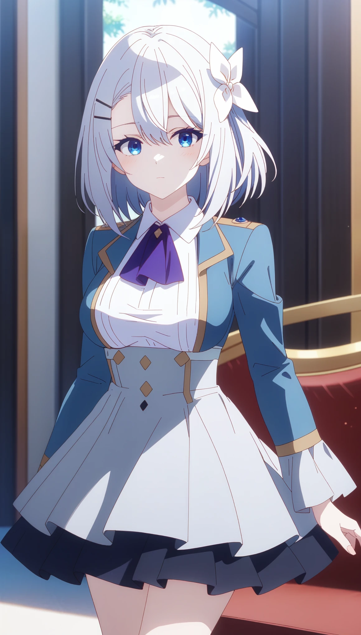 score_9, score_8_up, score_7_up, intricate details,
1girl, SakunaMemoir, grey hair, bangs, hair between eyes, medium hair, blue eyes, hair ornament, hairclip, hair bow, breasts, collared shirt, long sleeves, purple ascot, blue jacket, black skirt, looking at viewer,