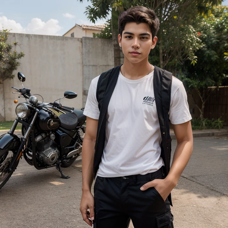 branco, cabelo loiro, 17 anoulino, alta qualidade, obra de arte, em uma moto preta, black cargo pants, camisa preta,