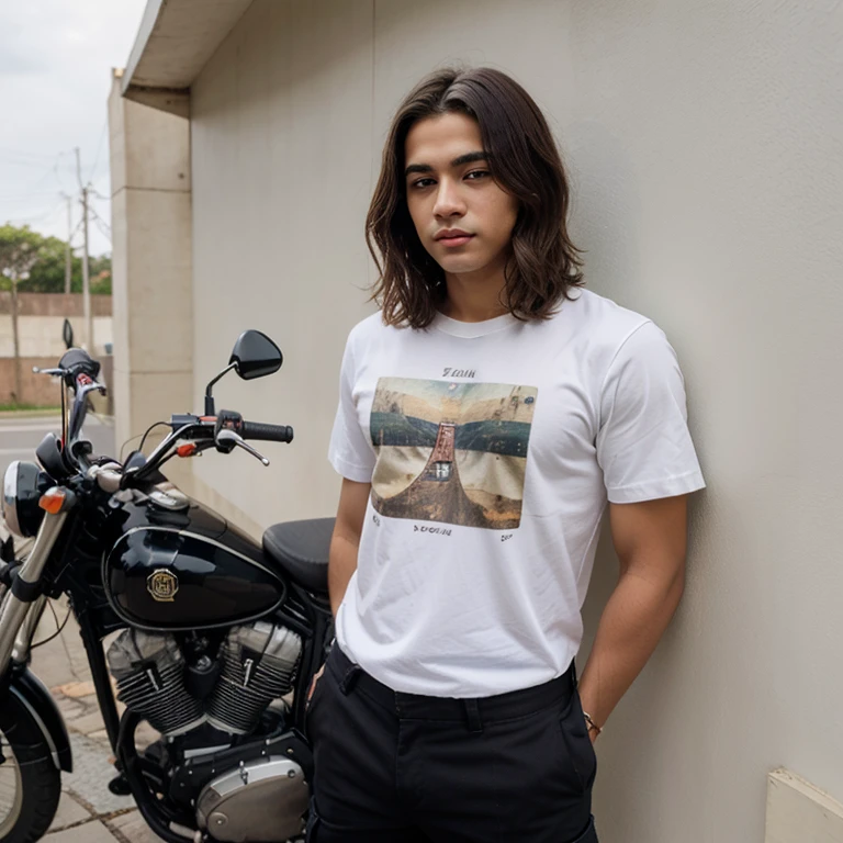 Menino branco, cabelo loiro, 17 anos, masculino, alta qualidade, obra de arte, em uma moto preta, black cargo pants, camisa preta,
