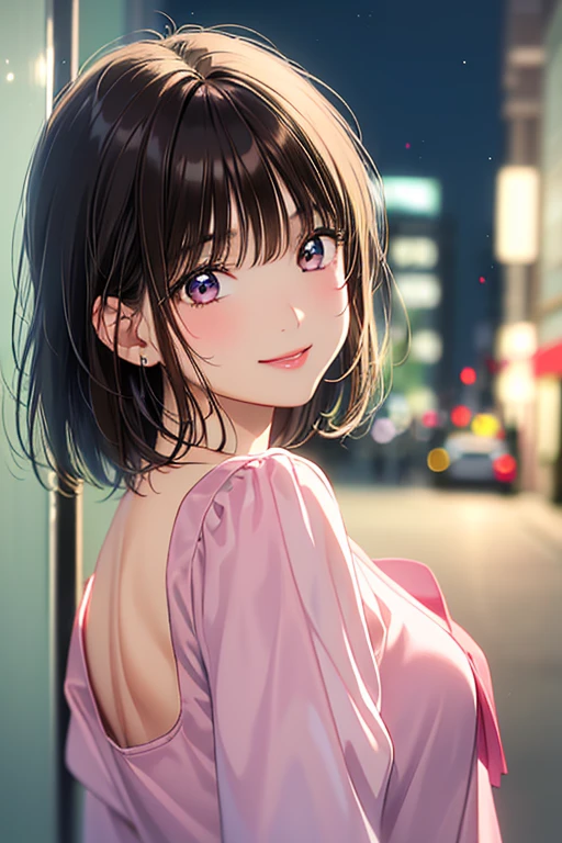 masterpiece、High resolution、High resolution、High resolution、1 female、Very close、((Depiction of only the upper body))、((Brown Hair、short hair、Short cut))、A kind smile、Smiling with teeth showing、Pink lip gloss、((Late Night City))、