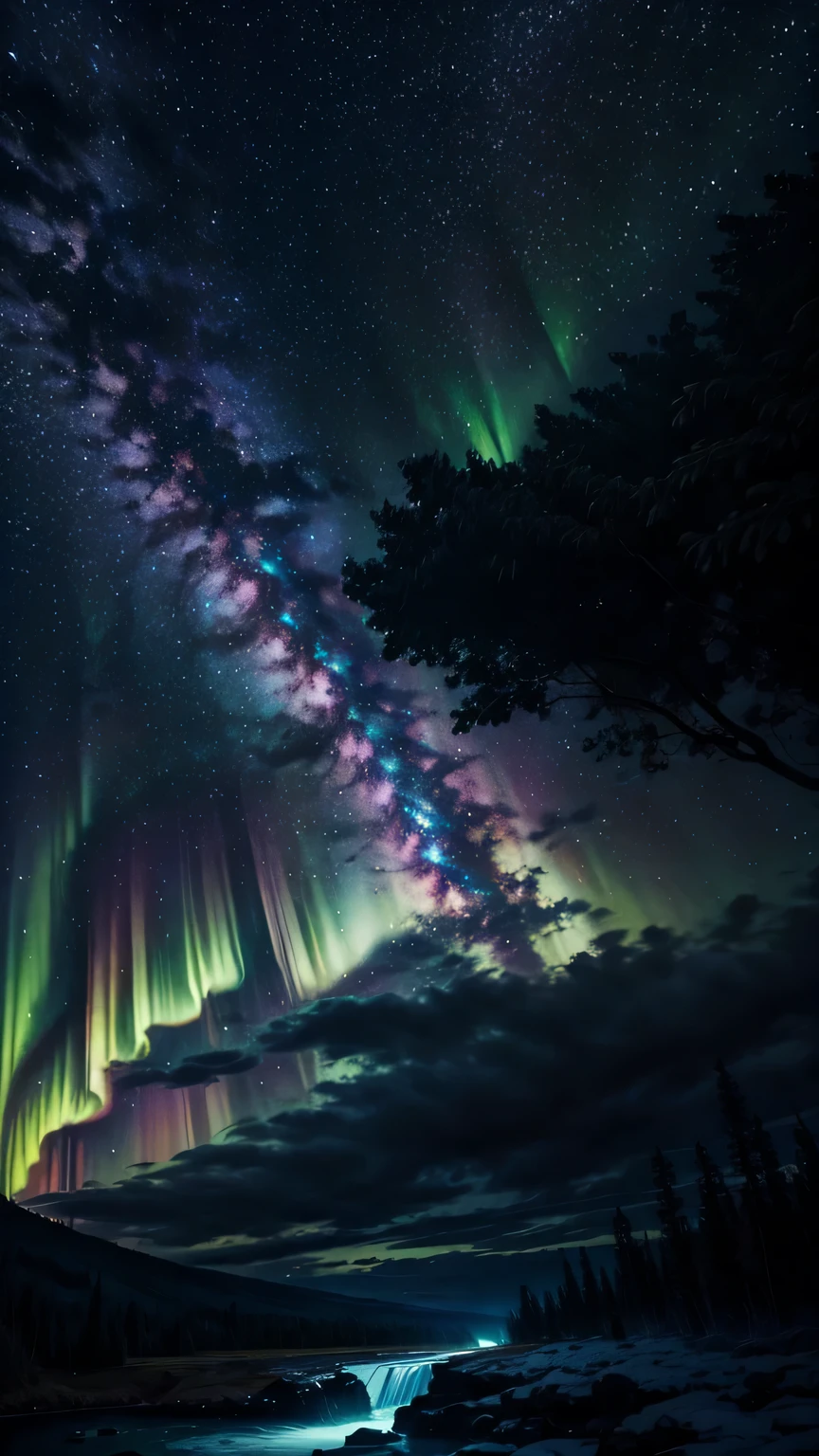 The waterfall drops three thousand feet，I suspect it is the Milky Way falling from the sky，night，aurora