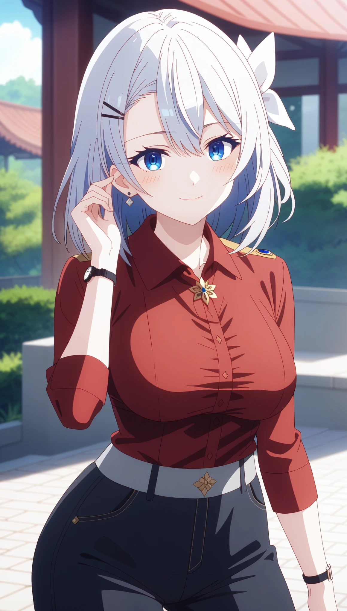 score_9, score_8_up, score_7_up, intricate details,
1girl, SakunaMemoir, grey hair, bangs, hair between eyes, medium hair, blue eyes, hair ornament, hairclip, hair bow, jewelry, shirt, earrings, pants, smile, red shirt, black pants, looking at viewer, necklace, long sleeves, closed mouth, collarbone, collared shirt, watch, wristwatch, blush, cowboy shot, bracelet, large breasts, floating hair, hand up, outdoors, sky 