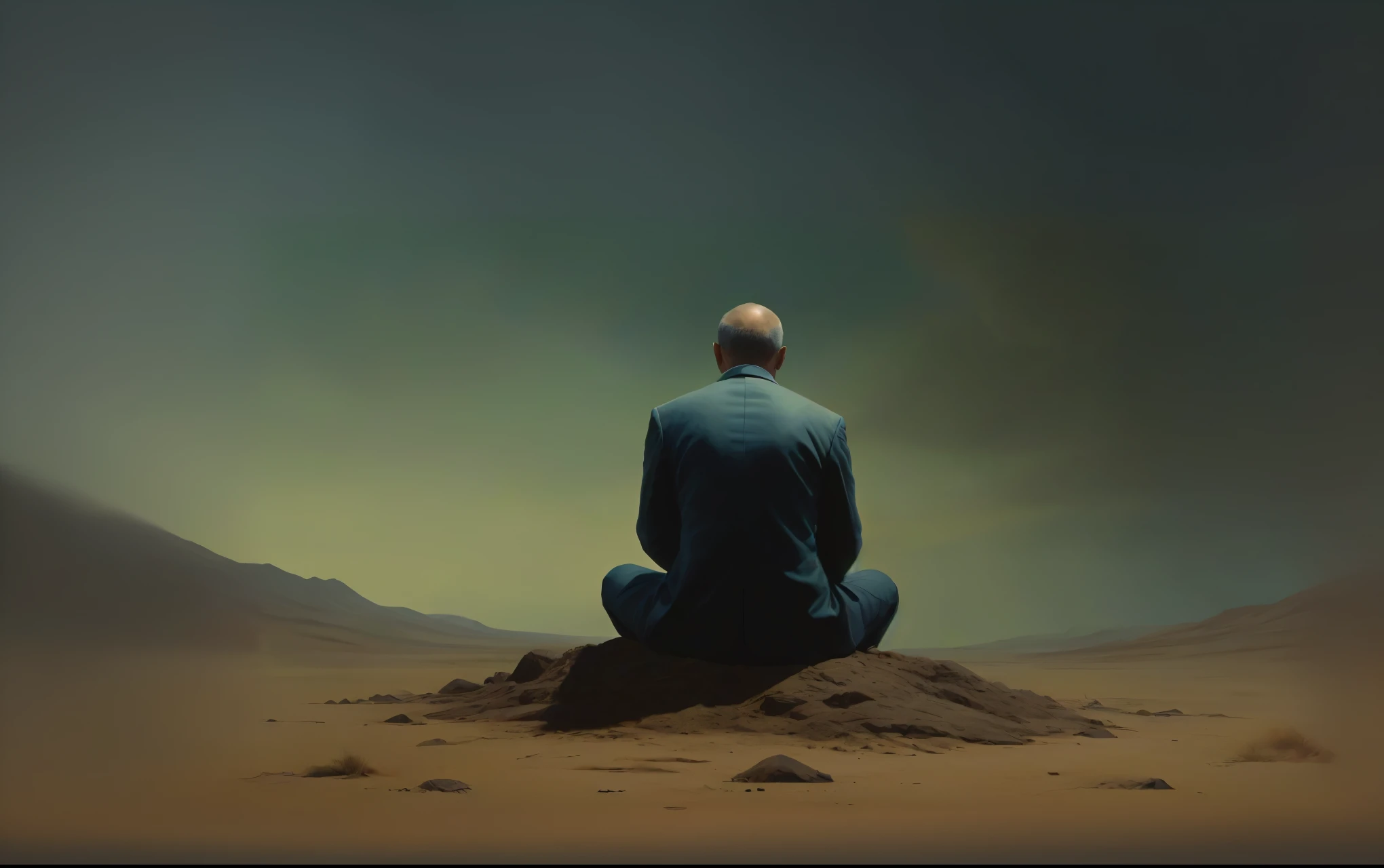 A man, dressed in a suit, sits cross-legged on a sandy hill. He appears to be meditating. Many small floating stones surround it.