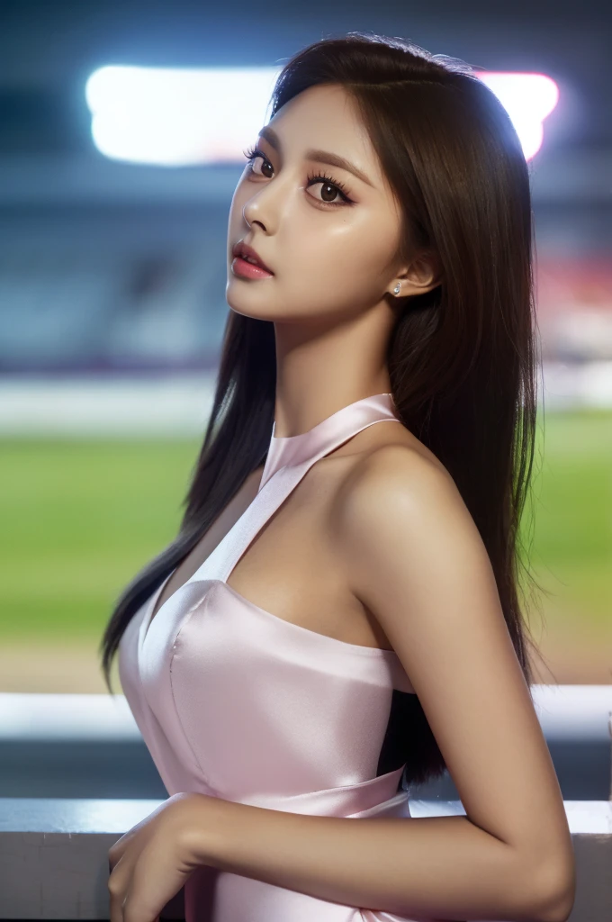 Tzuyu 1, woman, (Realistic), (Hyperrealism), (photoRealistic), Depth of written boundary, eye make up:0.7 (whole body:1.2), (Large Bust),(Tight waist), Watching the audience,In the pits at the racing track, Race Queen, Sexy dress with open shoulders and neckline