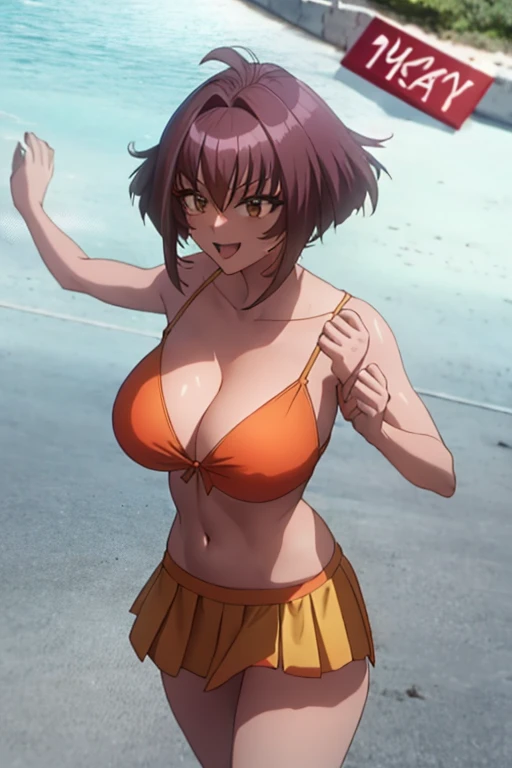 masterpiece, best quality, beautiful art, high resolution, well formed hands, body and fingers, 1 woman, solo, Karin Maaka , adult, grown up, big breasted, cleavage, full body, hair ornament, gorgeous legs and thighs, smile, wearing a Mii outfit, sexy and skimpy jungle bikini, pelvic curtain, she is fighting in a combat match at a martial arts tournament, she is getting ready to fight, making her guard pose, action and fighting scene, about to hit the viewer, looking at the viewer, sweating , feeling confident and proud, smiling joyfully and happily, charming her opponent with her beauty, winking at the viewer, fighting scene, martial arts tournament on the beach